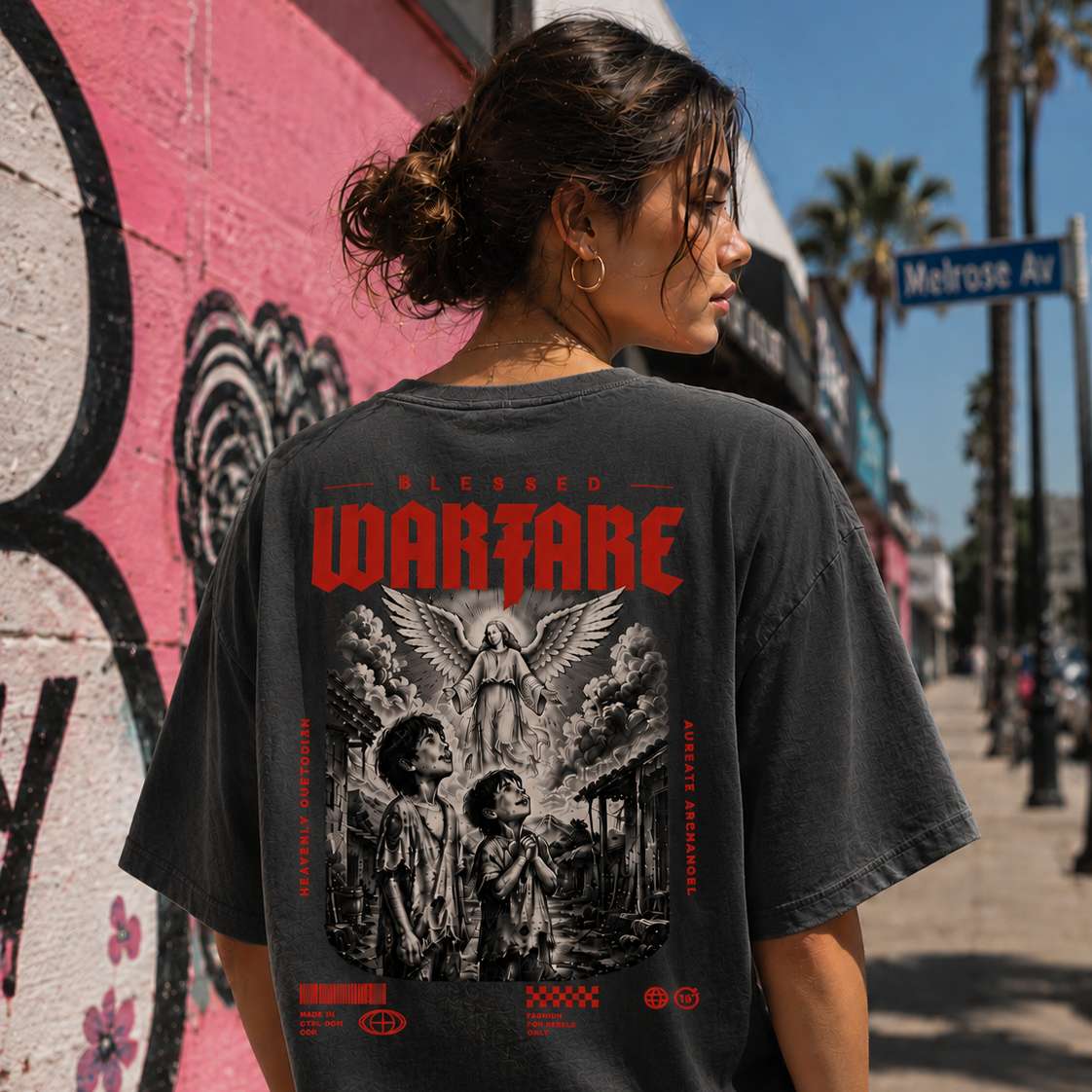 Dark gray Blessed Warfare T-shirt featuring a guardian angel design, symbolizing protection and grace for spiritual inspiration.
