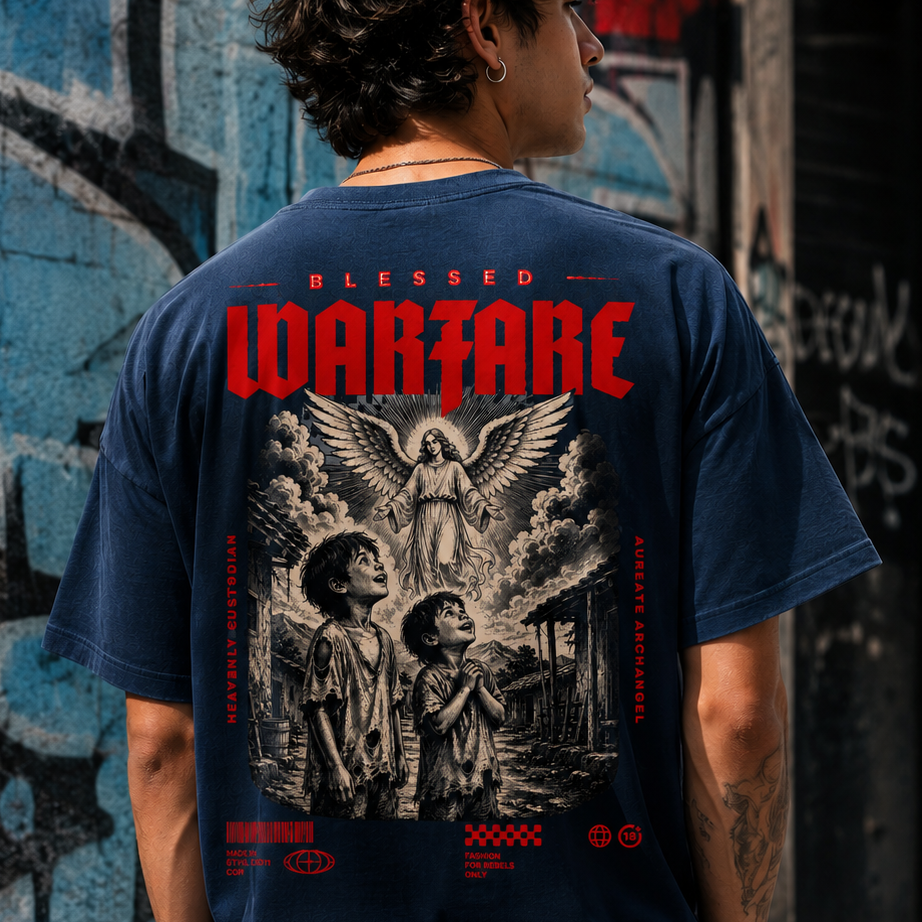 Navy blue Blessed Warfare™ T-shirt featuring a guardian angel graphic, symbolizing protection and grace.