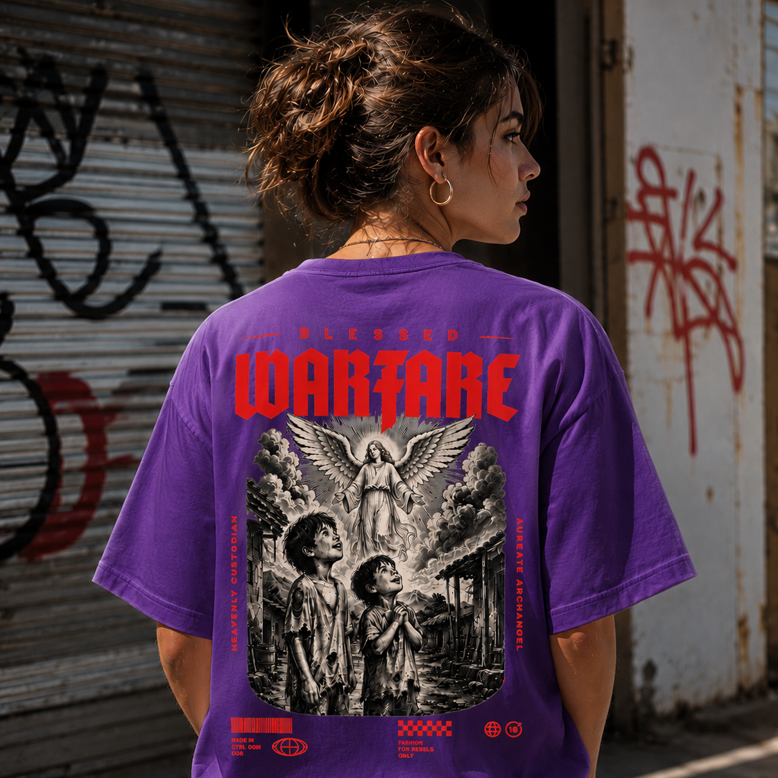 Purple Blessed Warfare T-shirt featuring a guardian angel design, symbolizing protection and grace, by Blessed Warfare.
