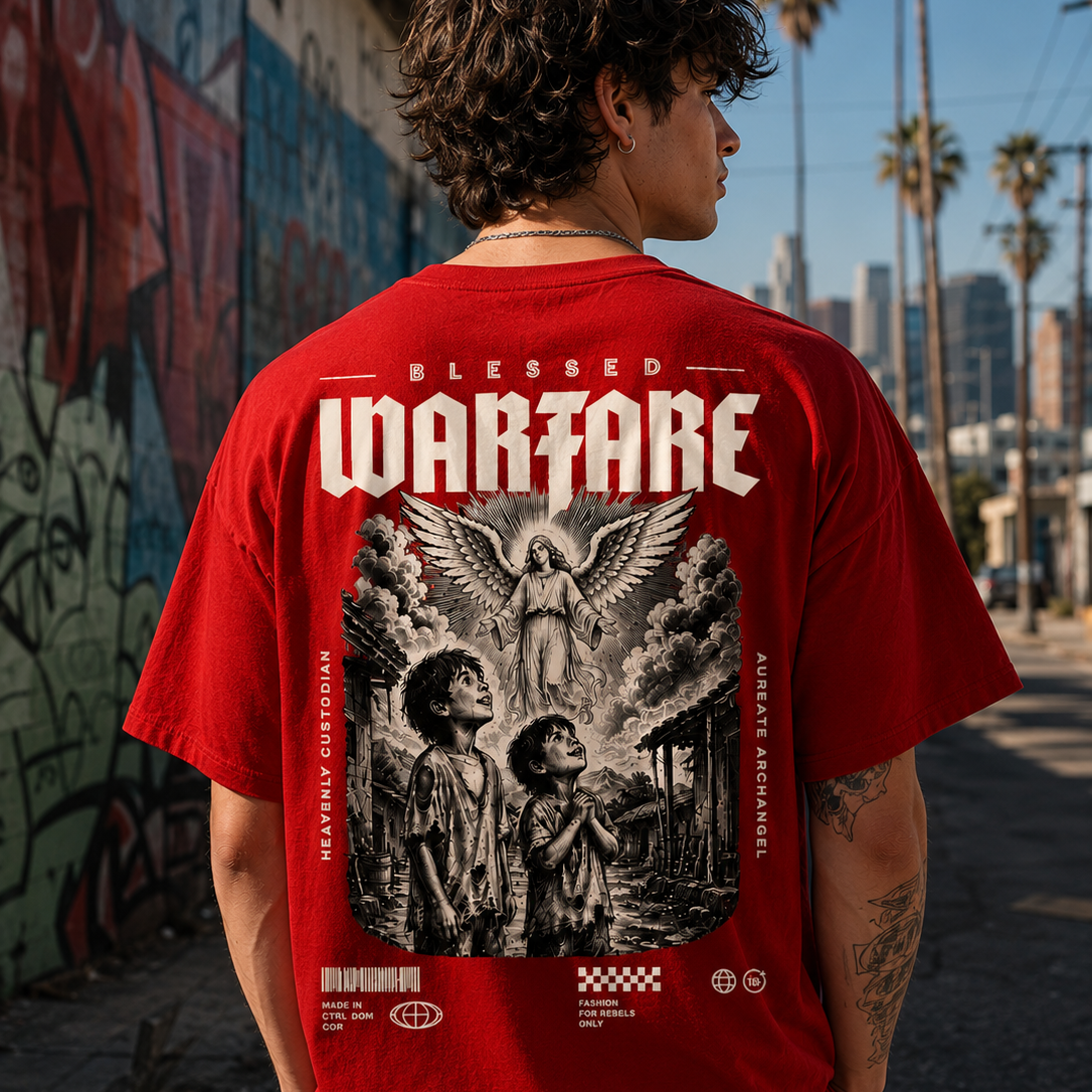 Red T-shirt featuring a guardian angel graphic with the Blessed Warfare™ Protected by Grace design, symbolizing faith and protection.