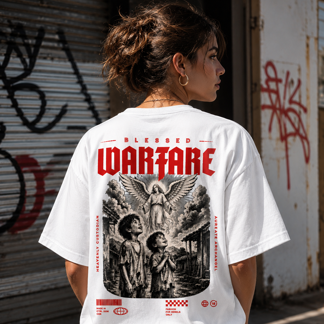 White Blessed Warfare T-shirt featuring a guardian angel design, symbolizing protection and grace.