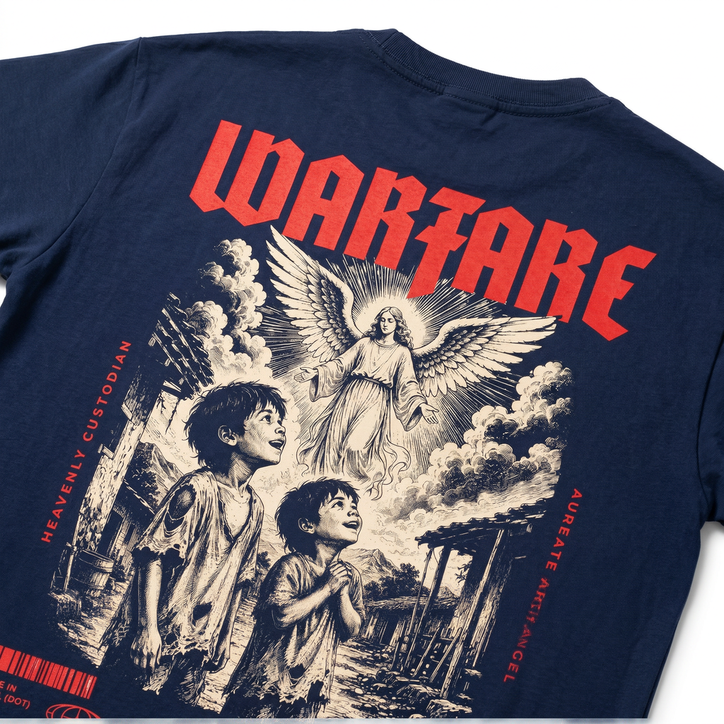 Young model wearing navy blue Blessed Warfare Protected by Grace T-shirt with tattoo design on the back.