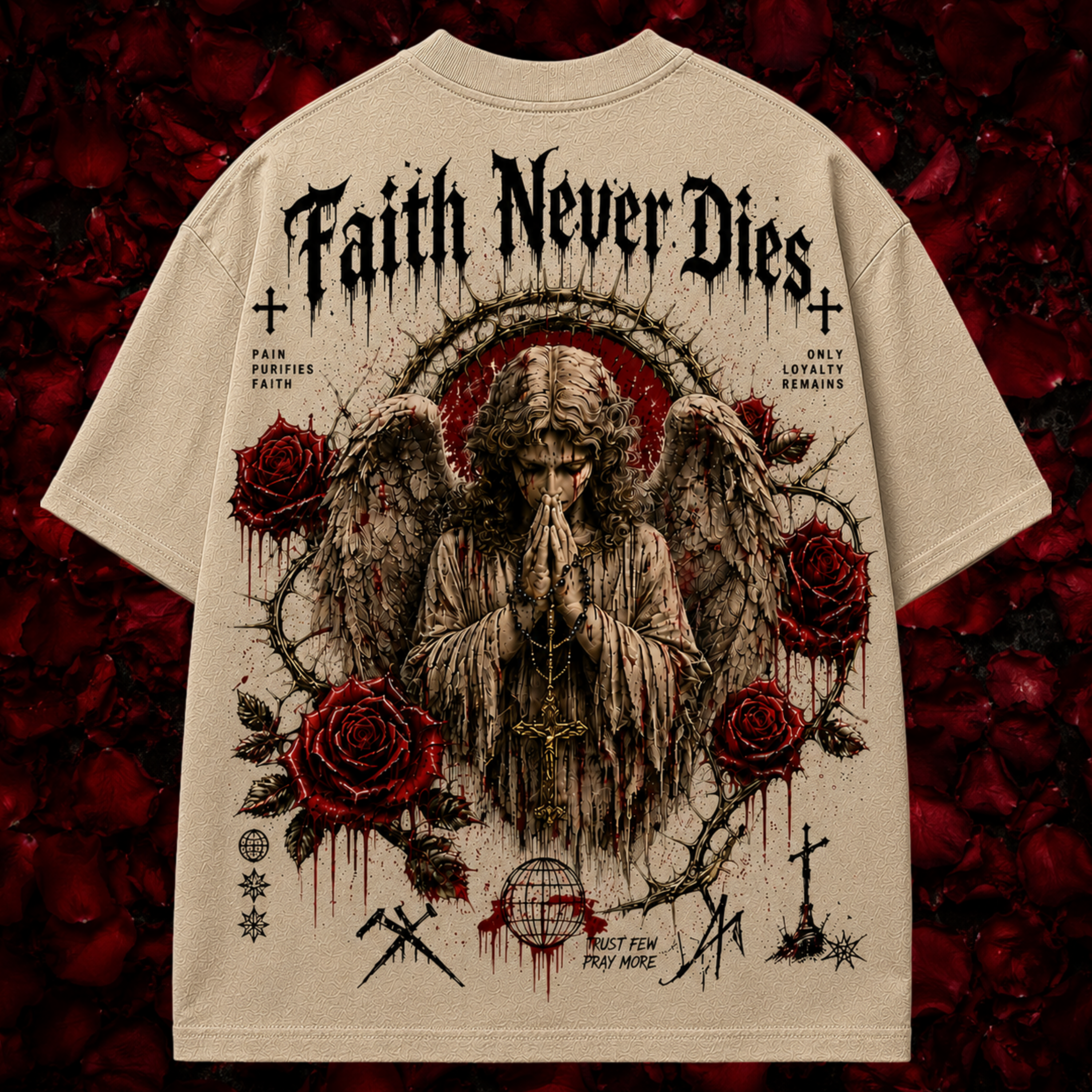 T-shirt with an angel and roses design on a red and black background