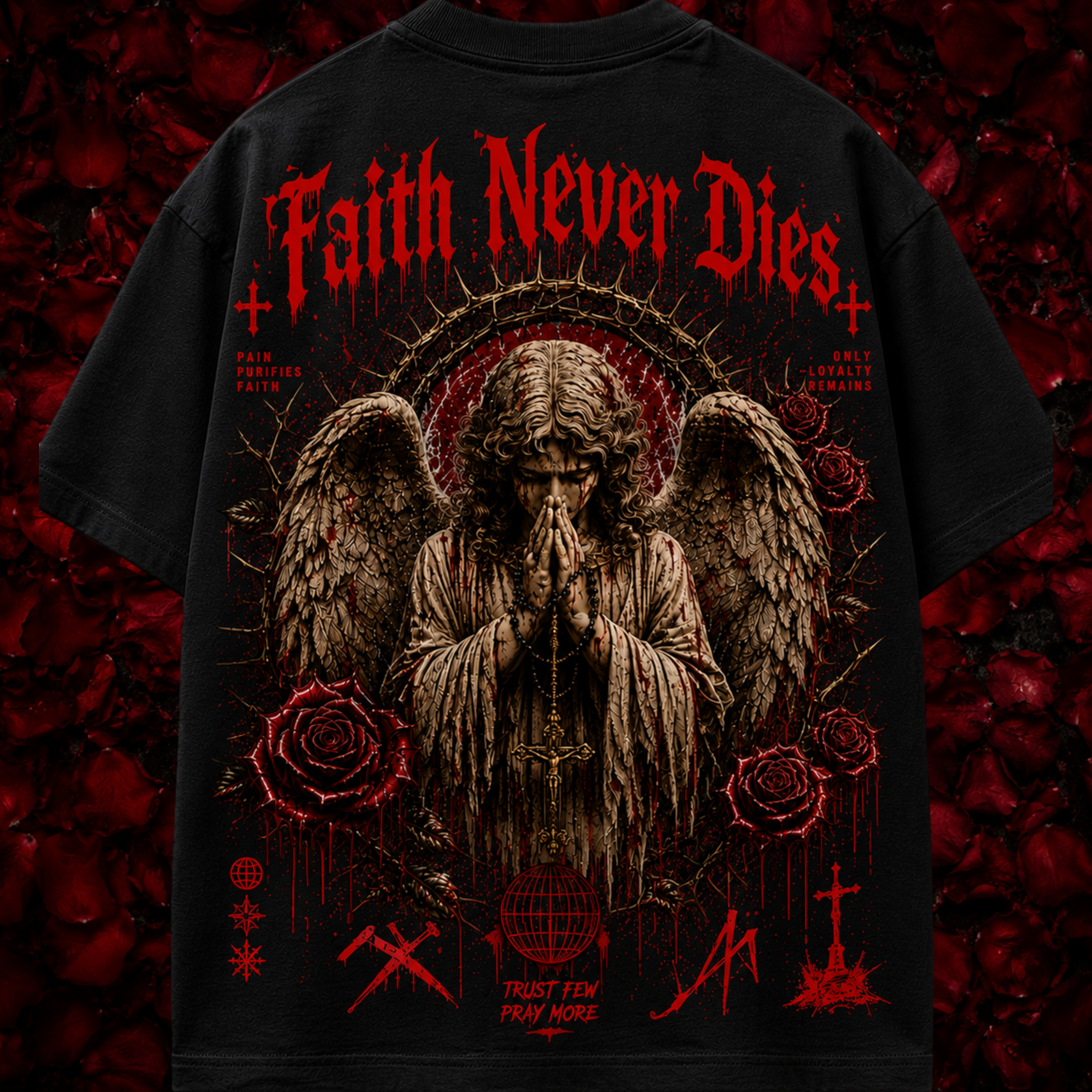 Black t-shirt with a graphic design of an angel and text 'Faith Never Dies' on a red and black background.
