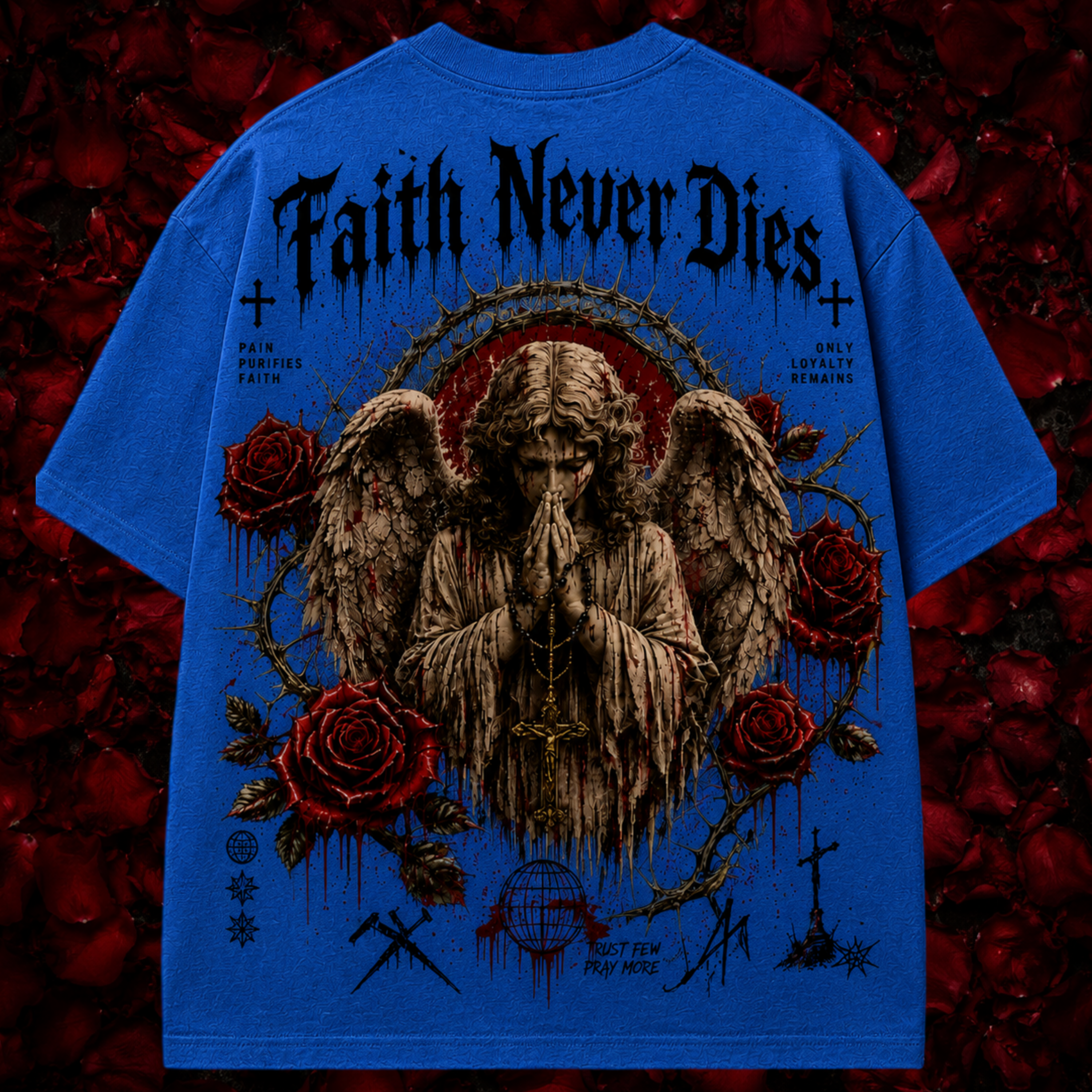 Blue t-shirt with an angel and roses design on a red and black background