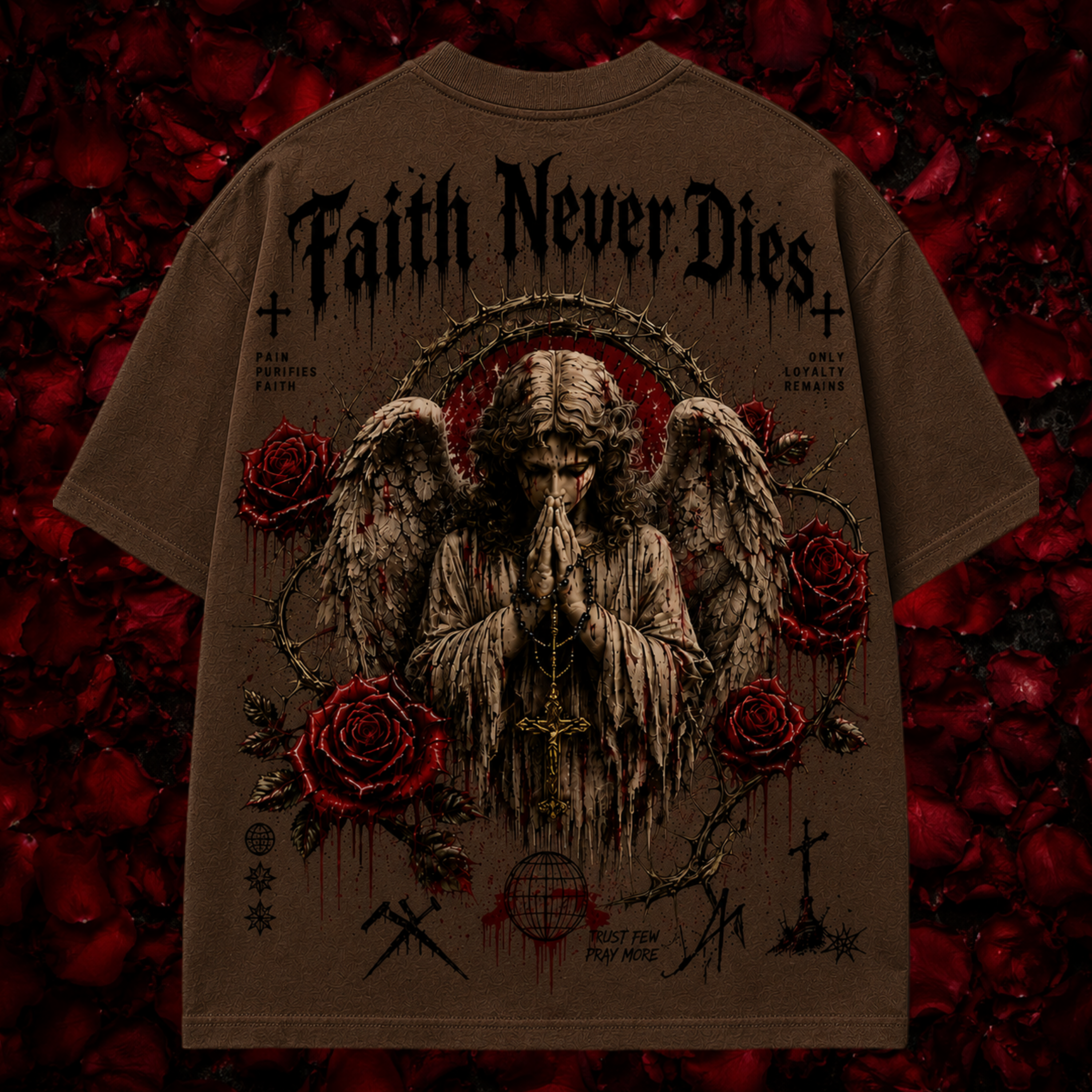 T-shirt with an angel and roses design on a dark red background