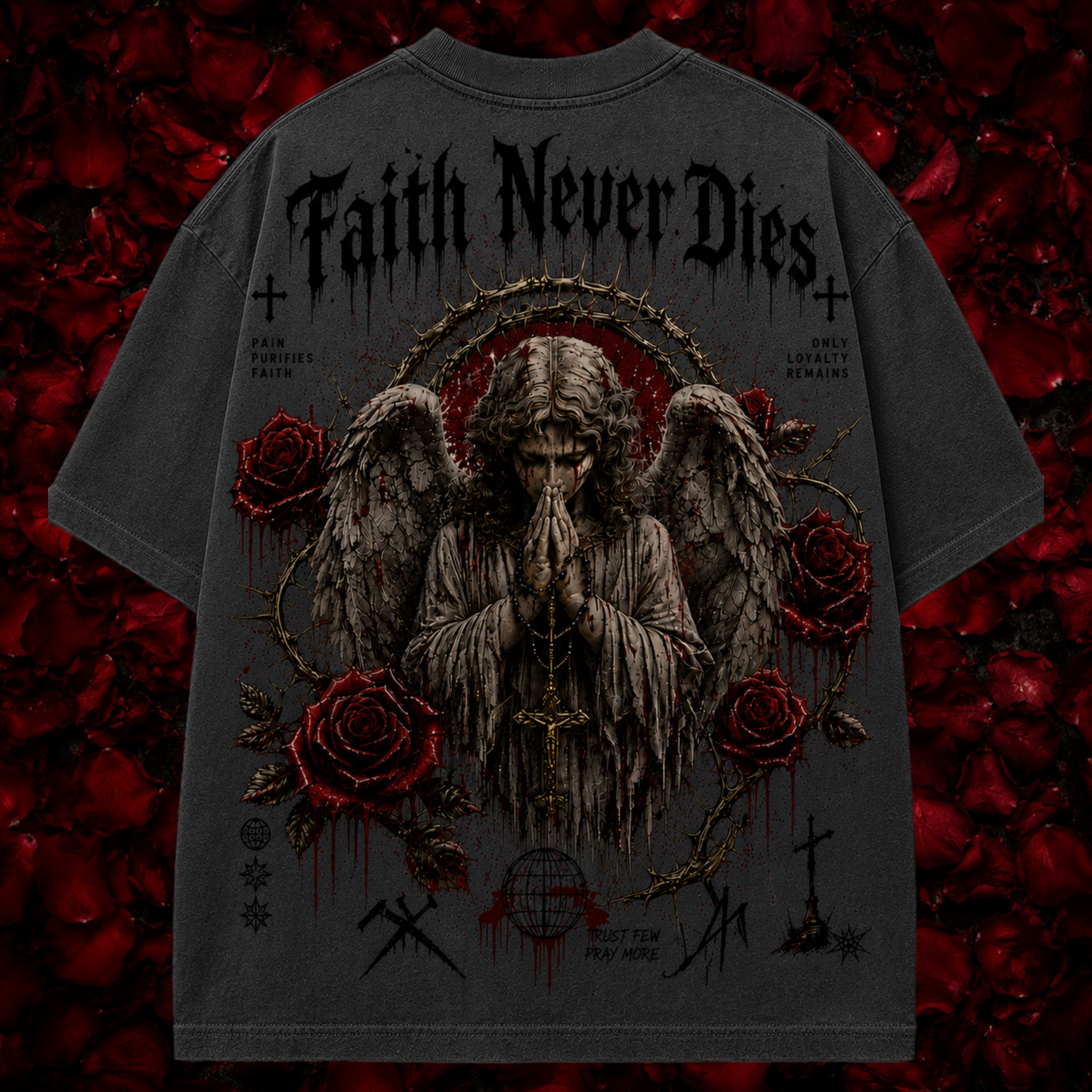 T-shirt with an angel and cross design on a dark background