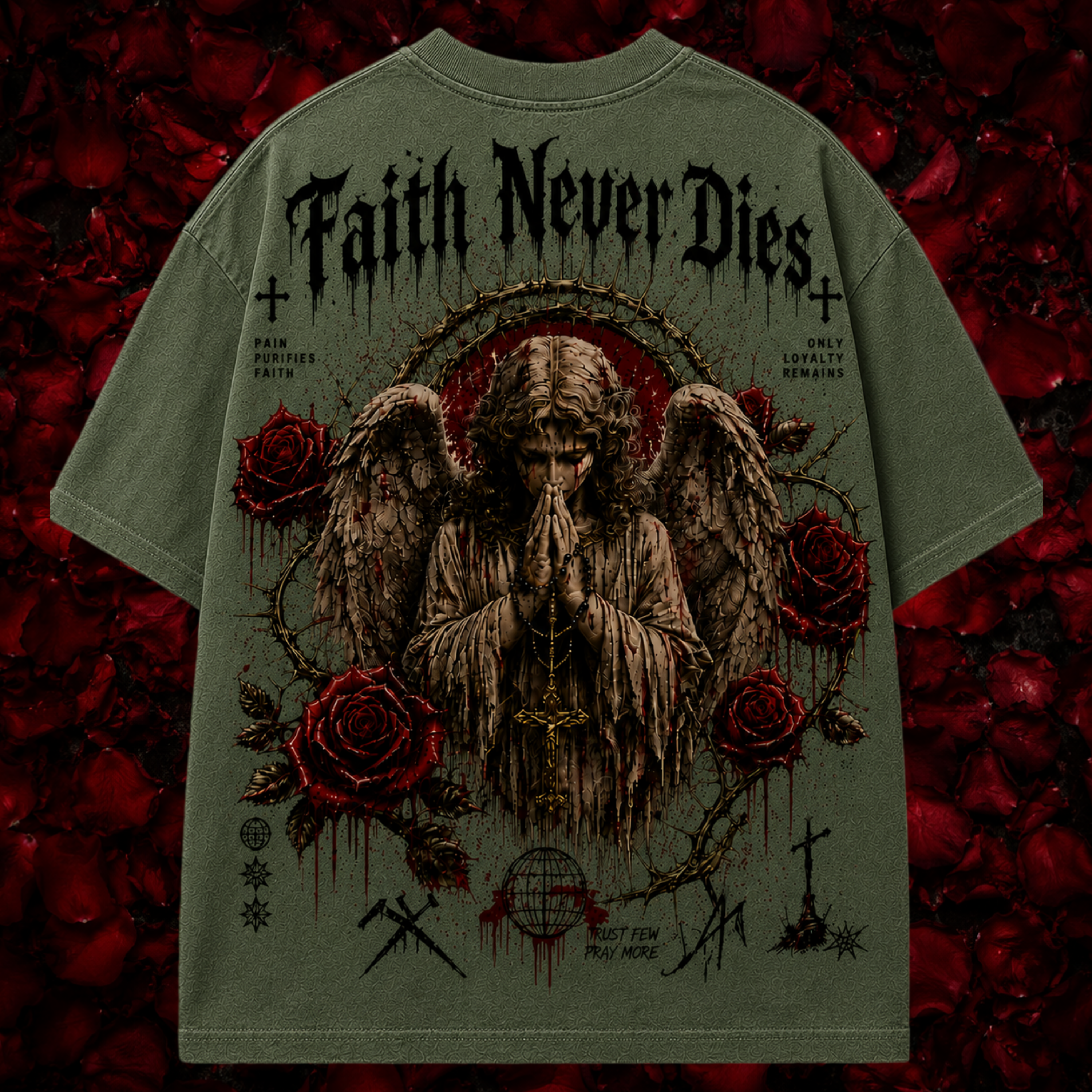 T-shirt with an angel and roses design and 'Faith Never Dies' text on a red rose petal background.