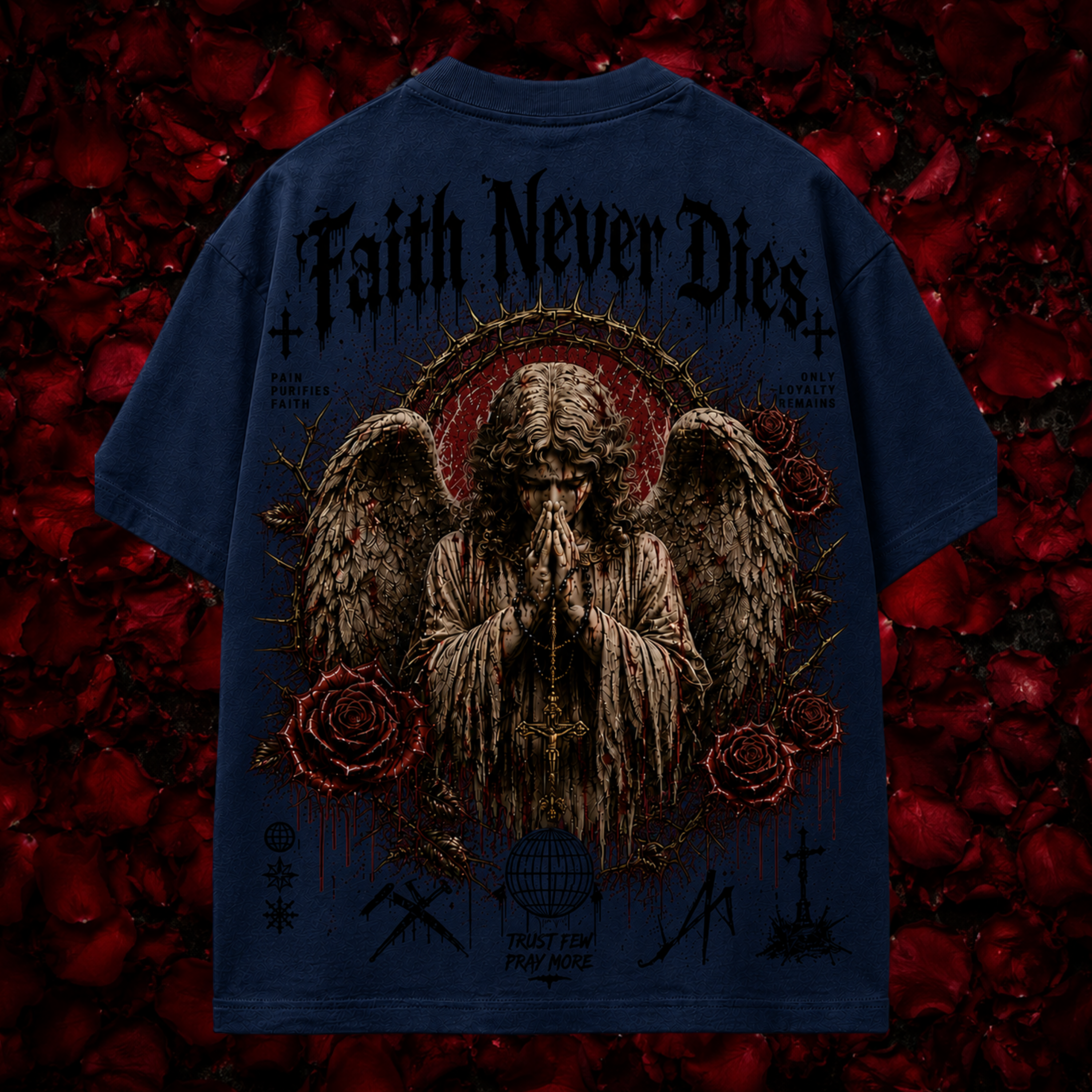 Blue t-shirt with an angel graphic and 'Faith Never Dies' text on a red rose petal background