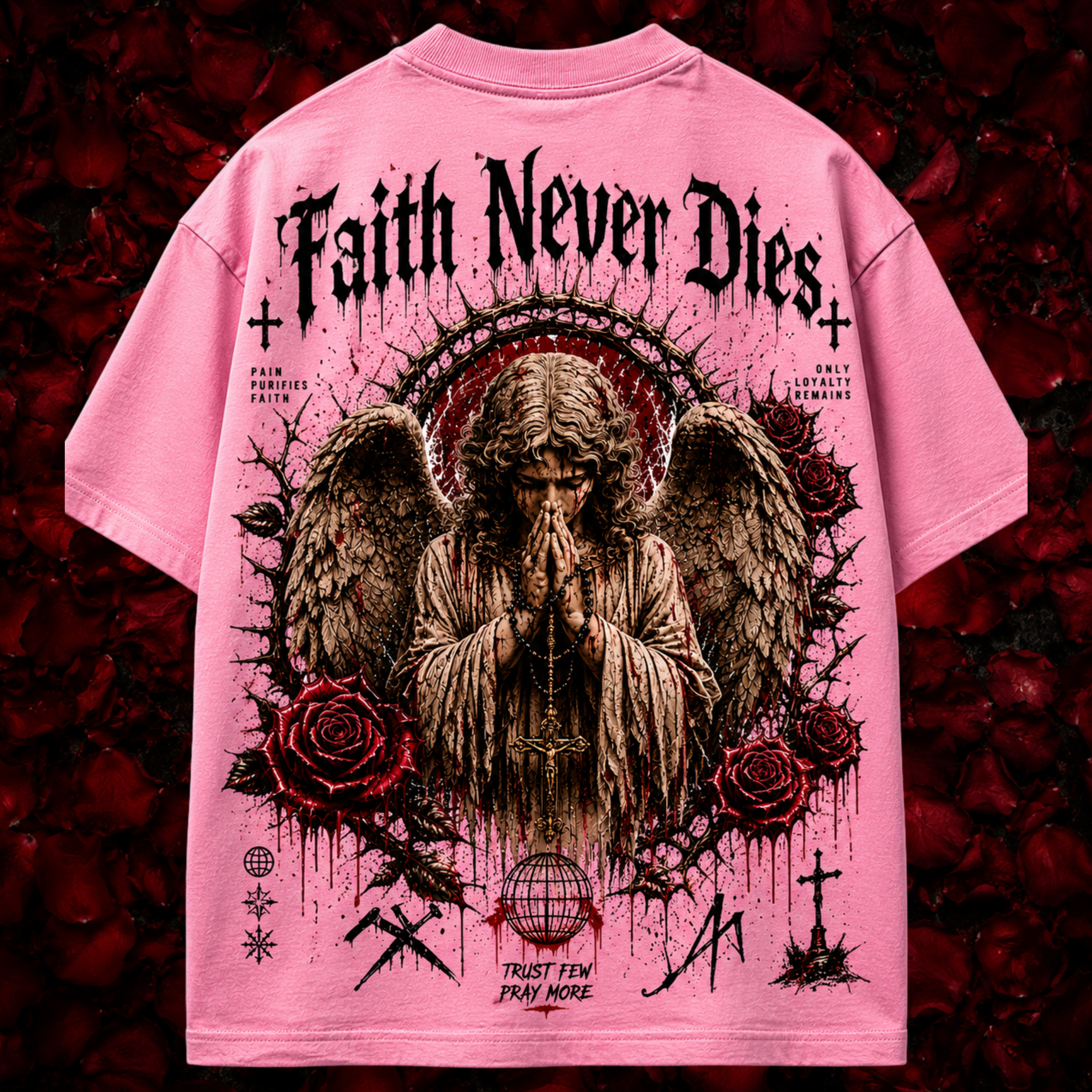 Pink t-shirt with an angel graphic and 'Faith Never Dies' text on a red background