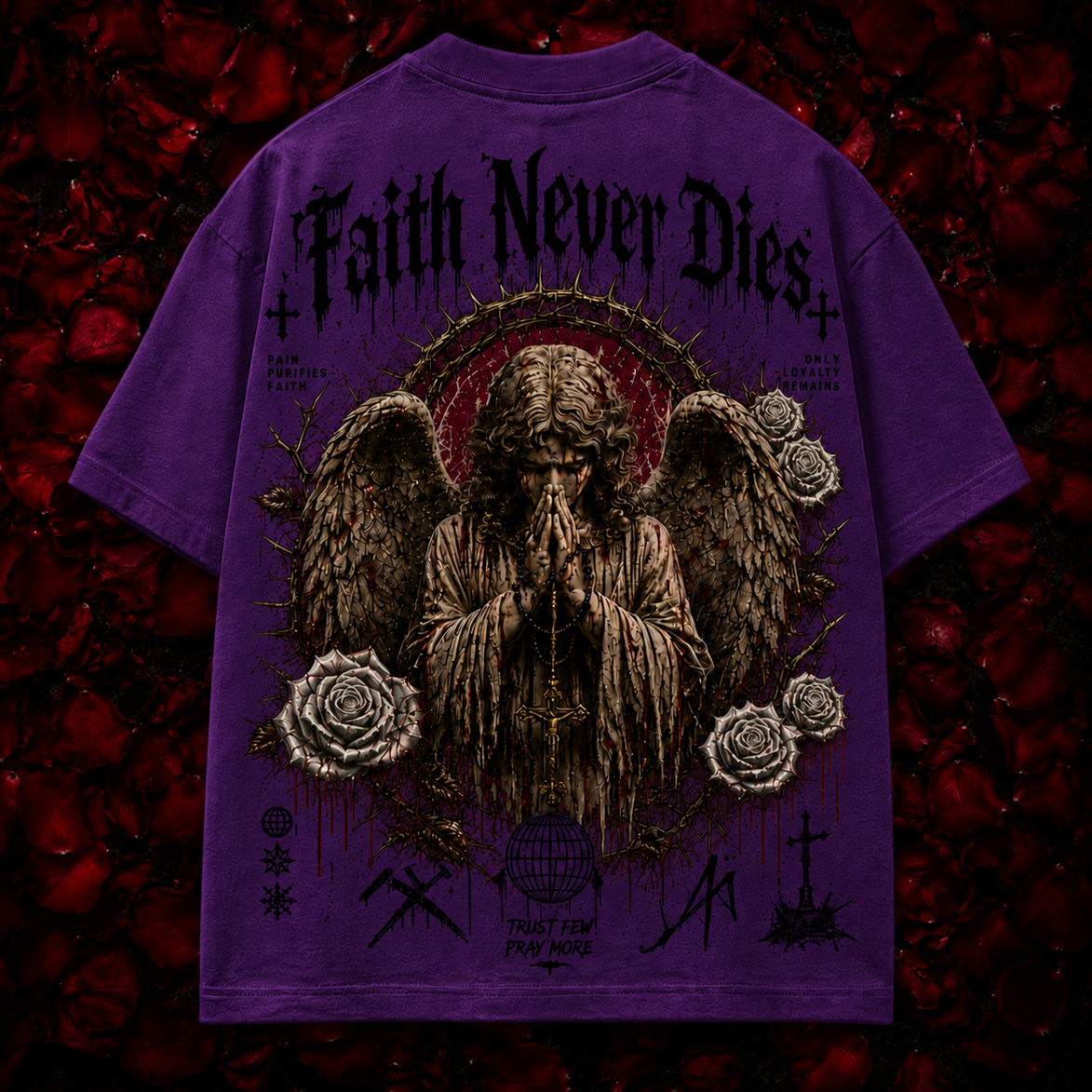 Purple t-shirt with an angel graphic and 'Faith Never Dies' text on a dark red background.