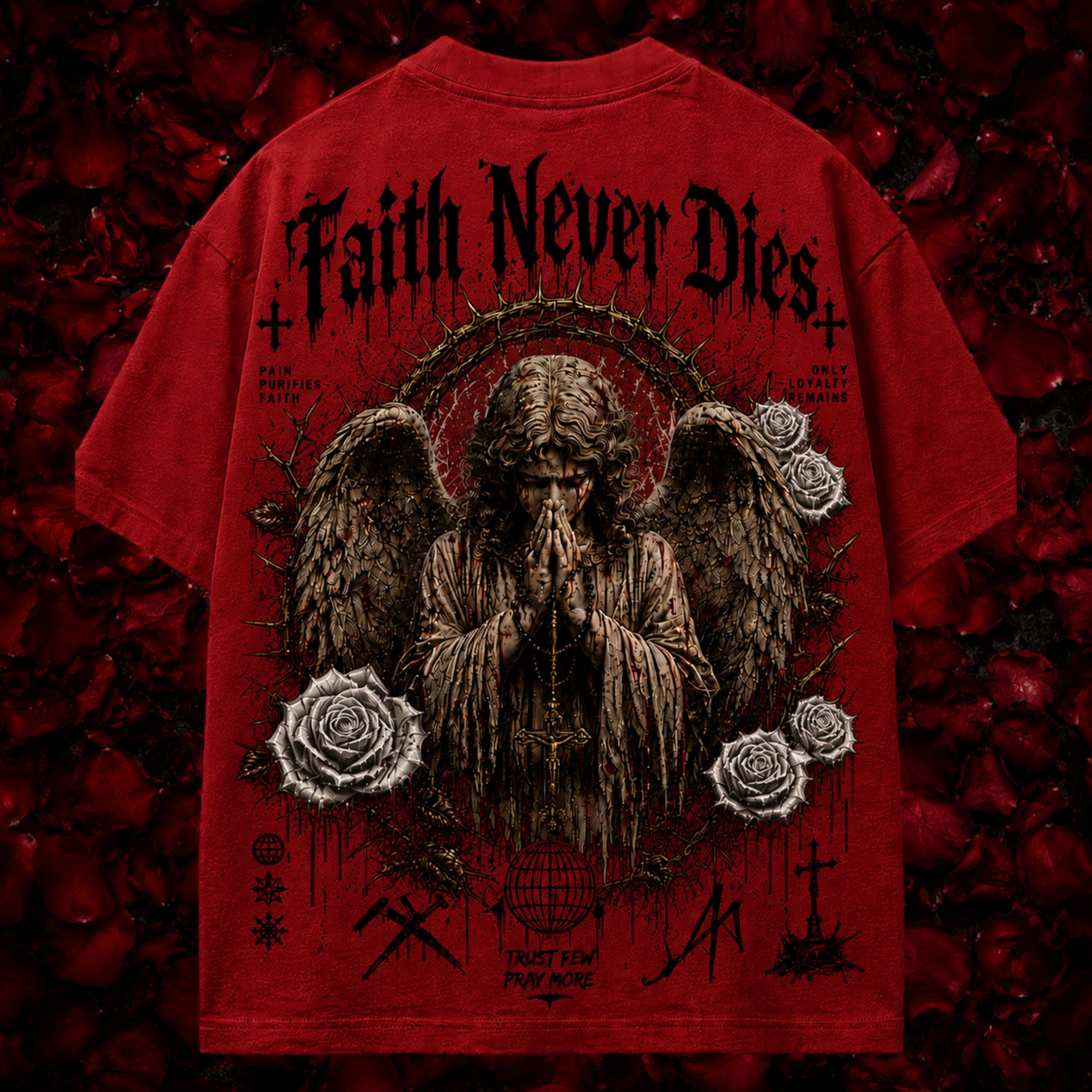 Red t-shirt with an angel graphic and 'Faith Never Dies' text on a red textured background