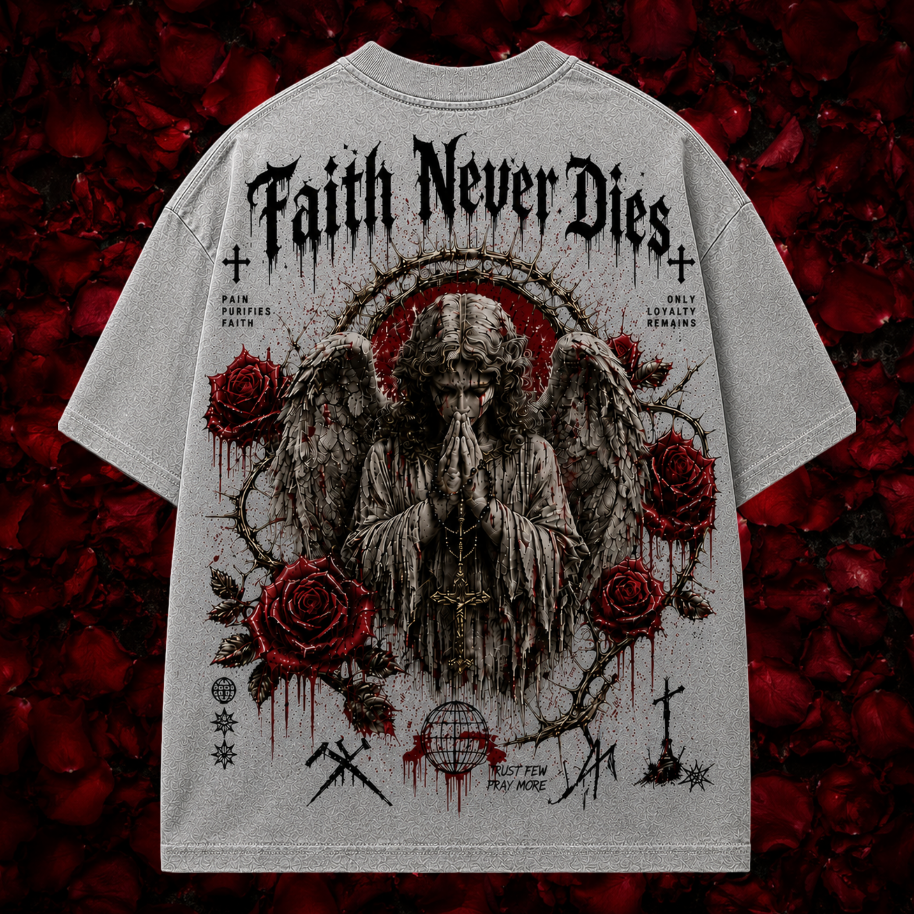 T-shirt with 'Faith Never Dies' graphic design on a red and black background