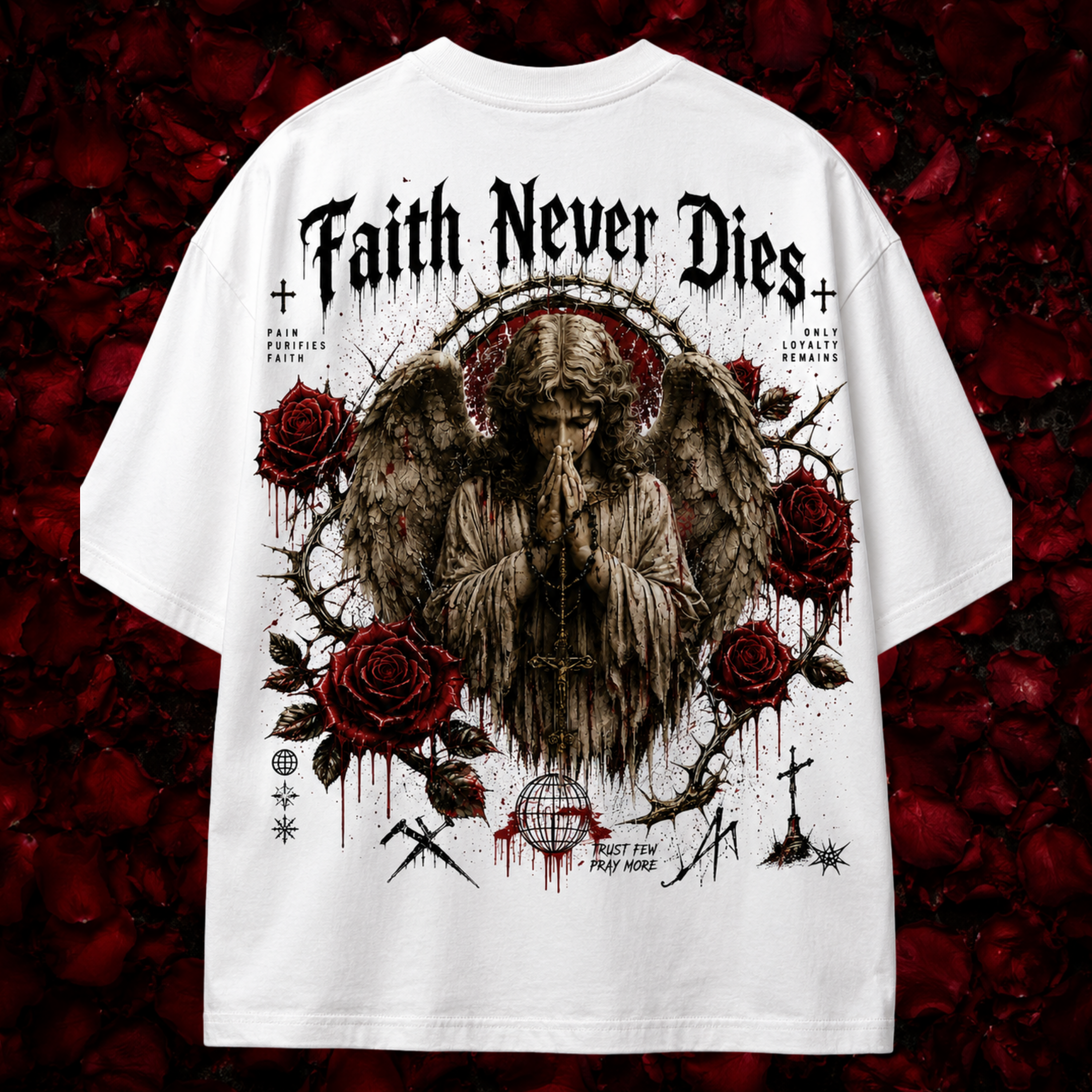 White t-shirt with an angel graphic and 'Faith Never Dies' text on a red rose background