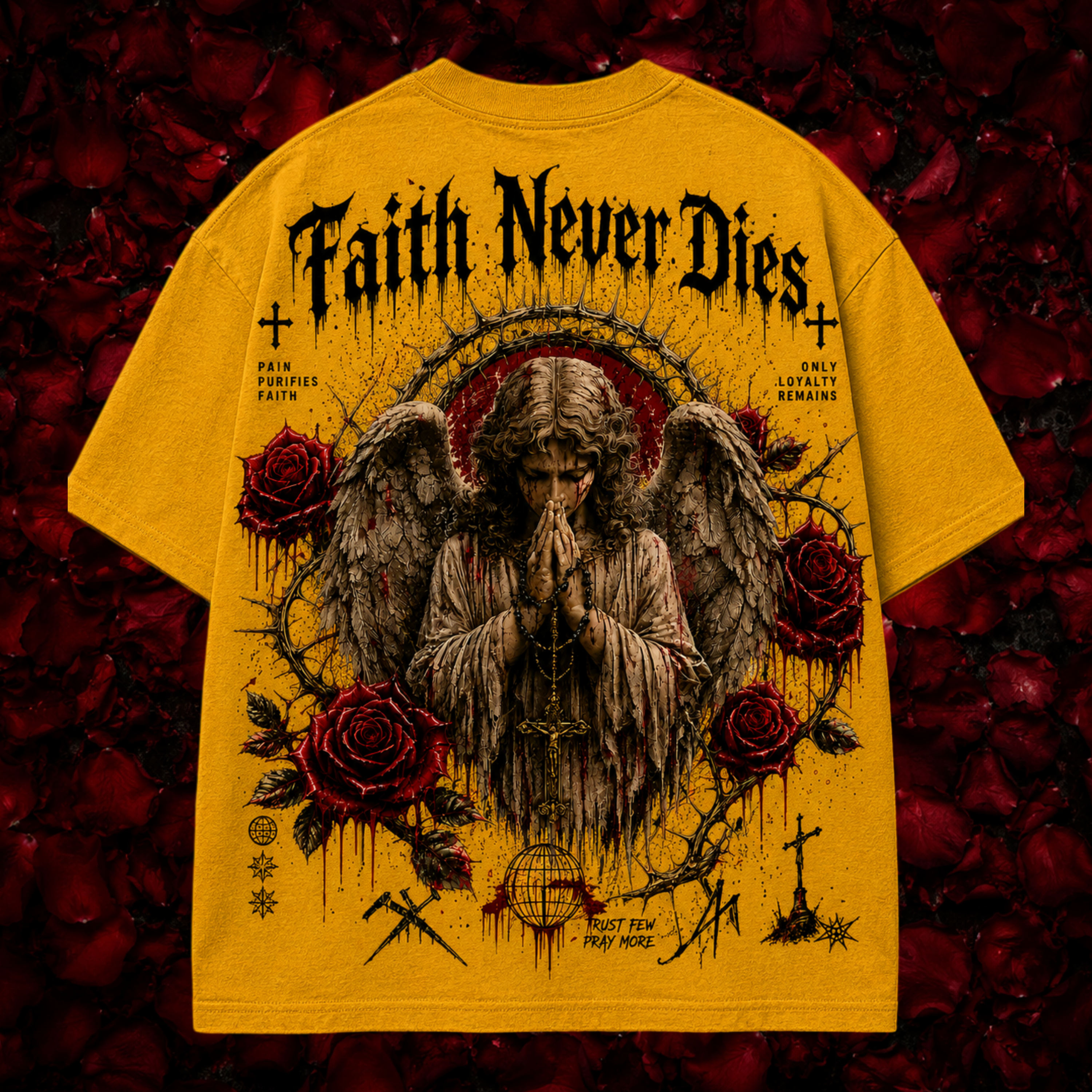 Yellow t-shirt with an angel graphic and 'Faith Never Dies' text on a red background.
