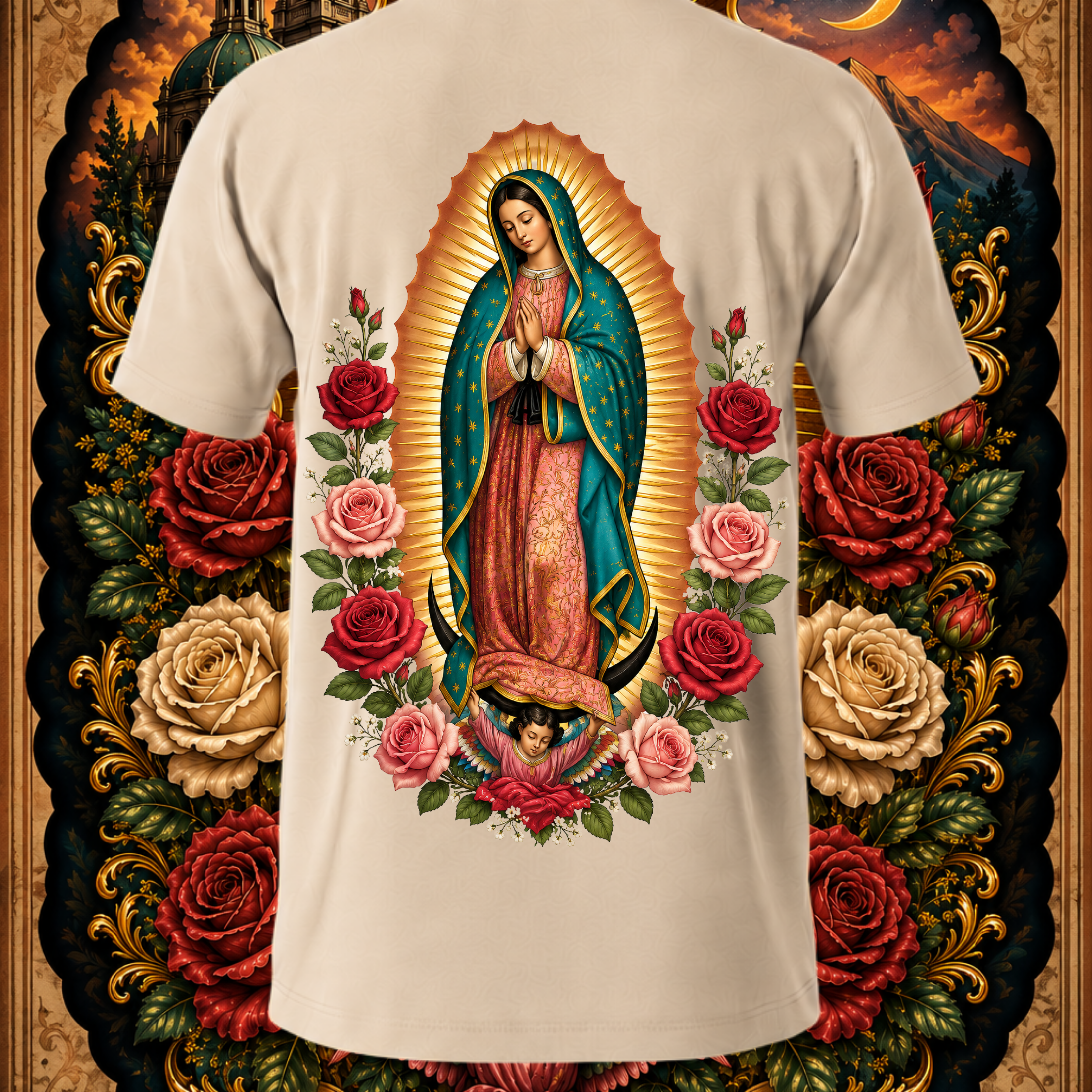 Beige Virgen de Guadalupe Sacred Rose Art T-shirt by Faithful Designs featuring religious Reina de México graphic on the back.