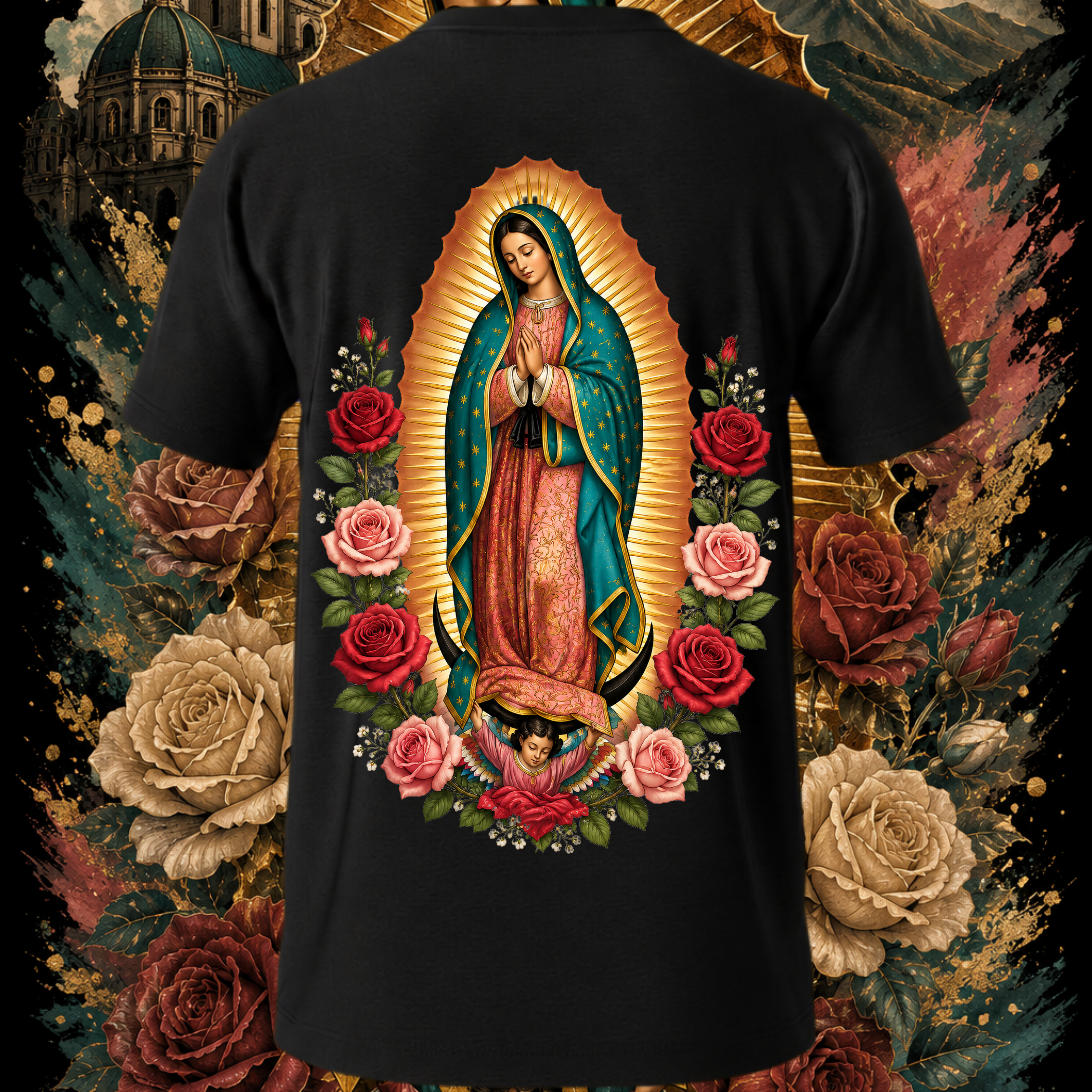 Black Virgen de Guadalupe Sacred Rose art tee by Faithful Designs featuring Reina de México graphic on the back, streetwear style.