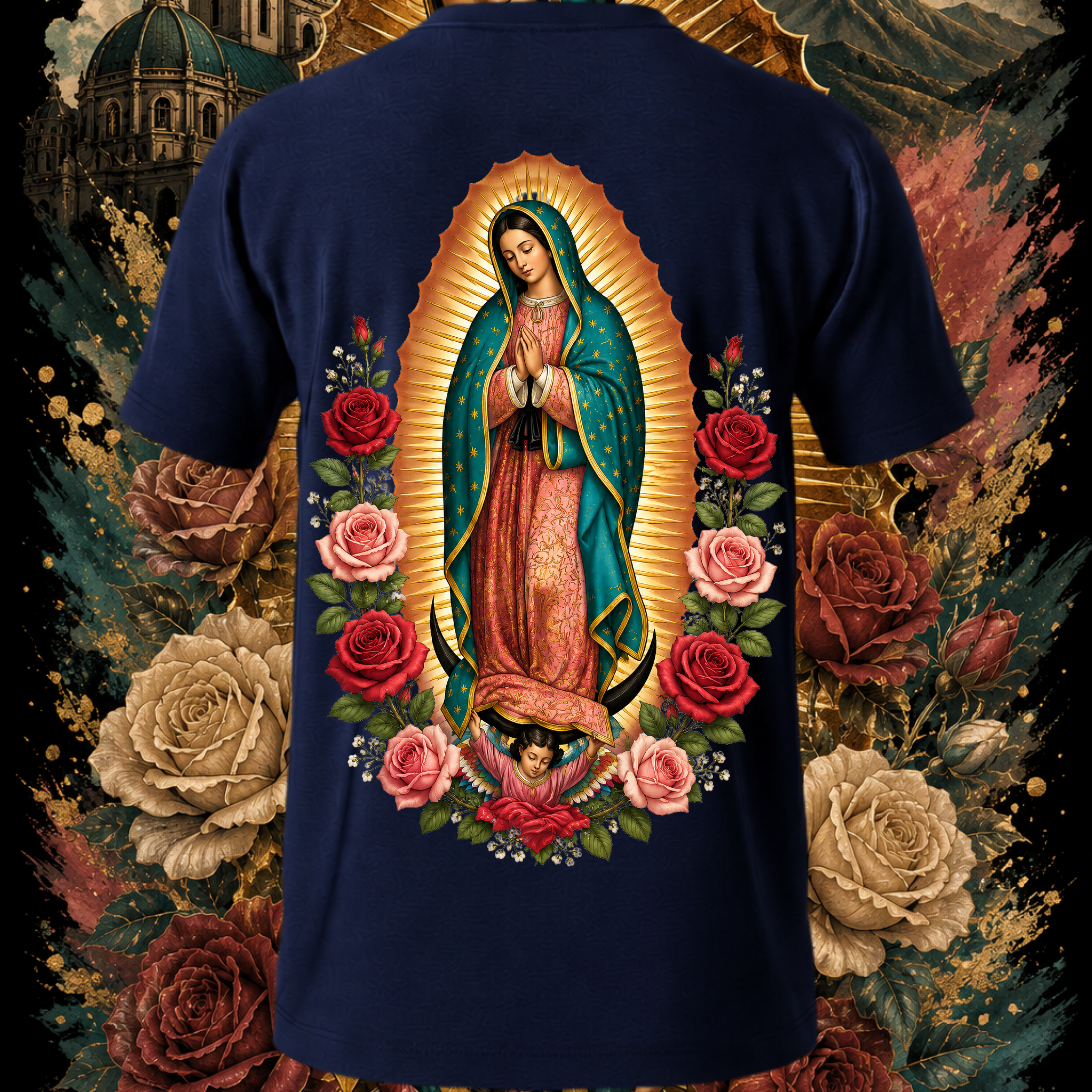Back view of Faithful Designs Virgen de Guadalupe Sacred Rose Art T-shirt featuring Reina de México graphic and religious streetwear style.