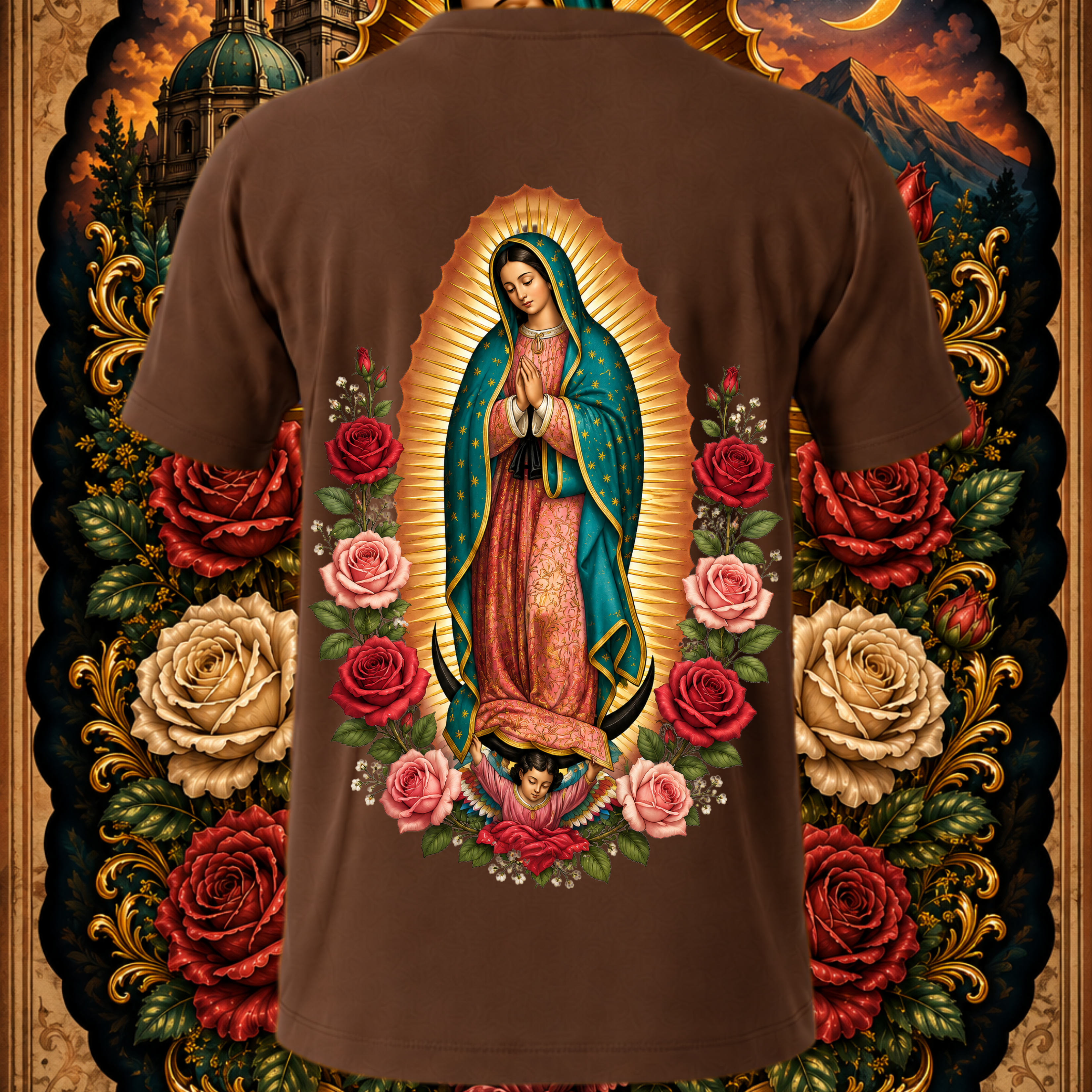 Brown T-shirt featuring Virgen de Guadalupe Sacred Rose graphic design, religious streetwear shirt by Faithful Designs.
