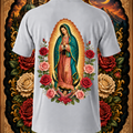Back view of Faithful Designs Virgen de Guadalupe Sacred Rose Art T-shirt featuring religious Reina de México graphic on soft streetwear tee.