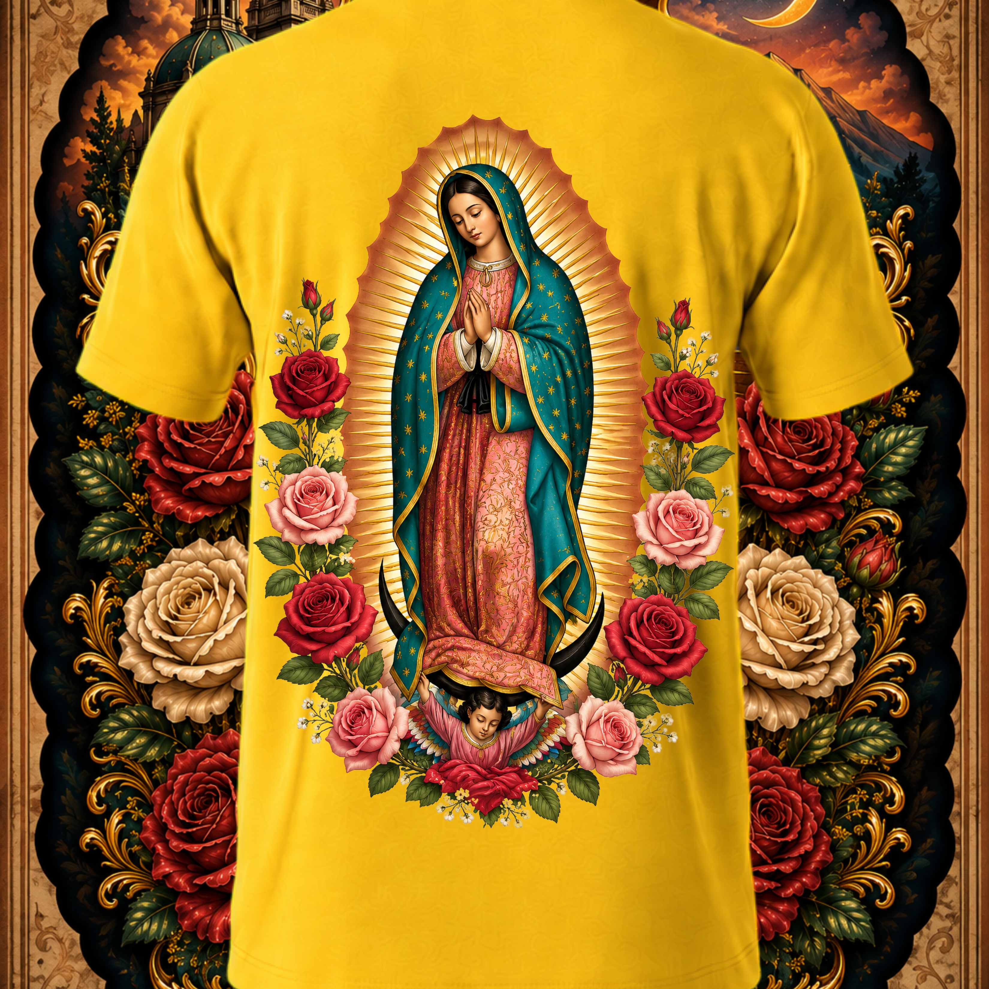 Yellow religious streetwear tee featuring Virgen de Guadalupe and Reina de México graphic art by Faithful Designs.