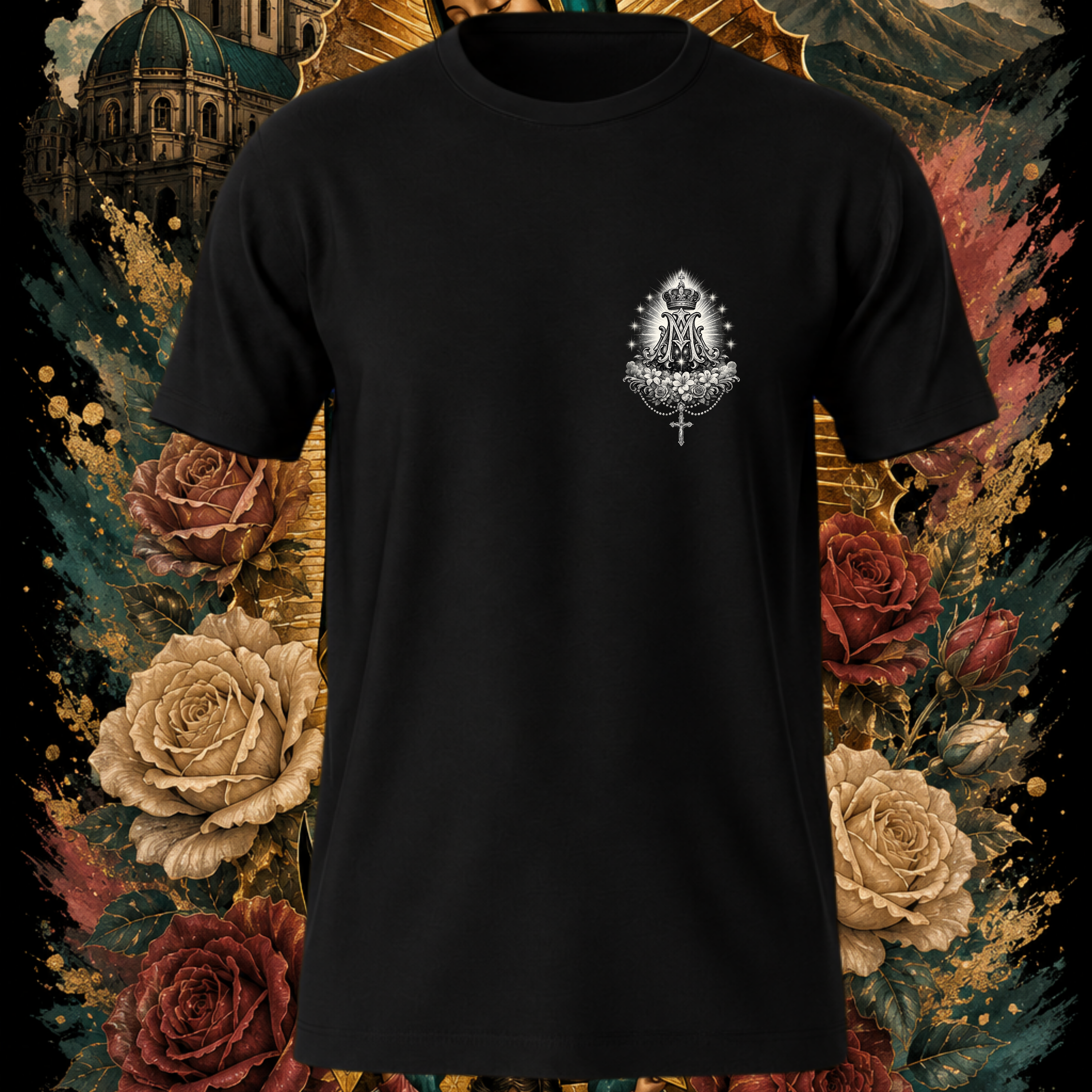 Black T-shirt featuring a Virgen de Guadalupe Sacred Rose graphic and Reina de México design, Faithful Designs religious streetwear.
