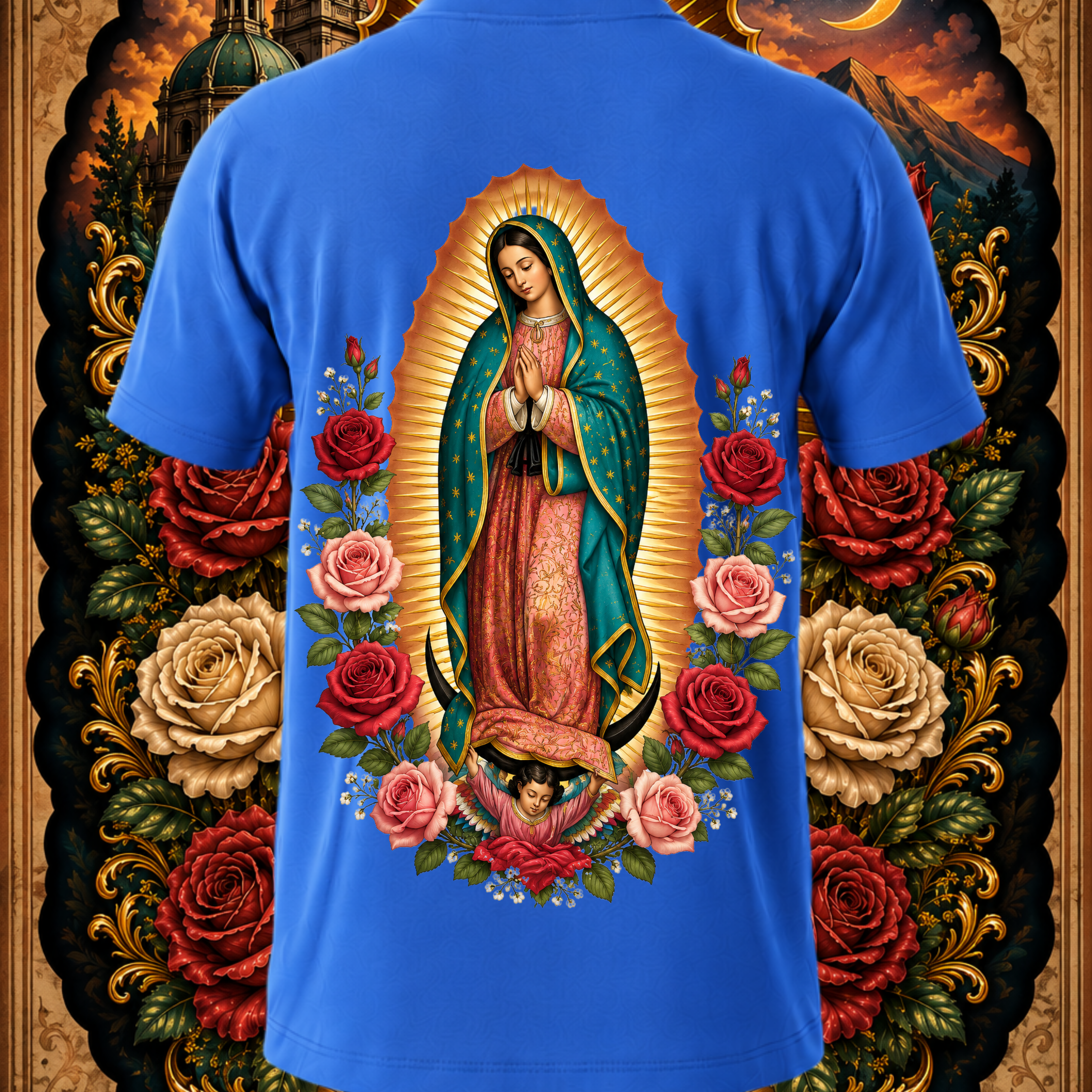 Back view of Faithful Designs Virgen de Guadalupe Sacred Rose art T-shirt featuring Reina de México graphic on blue fabric.