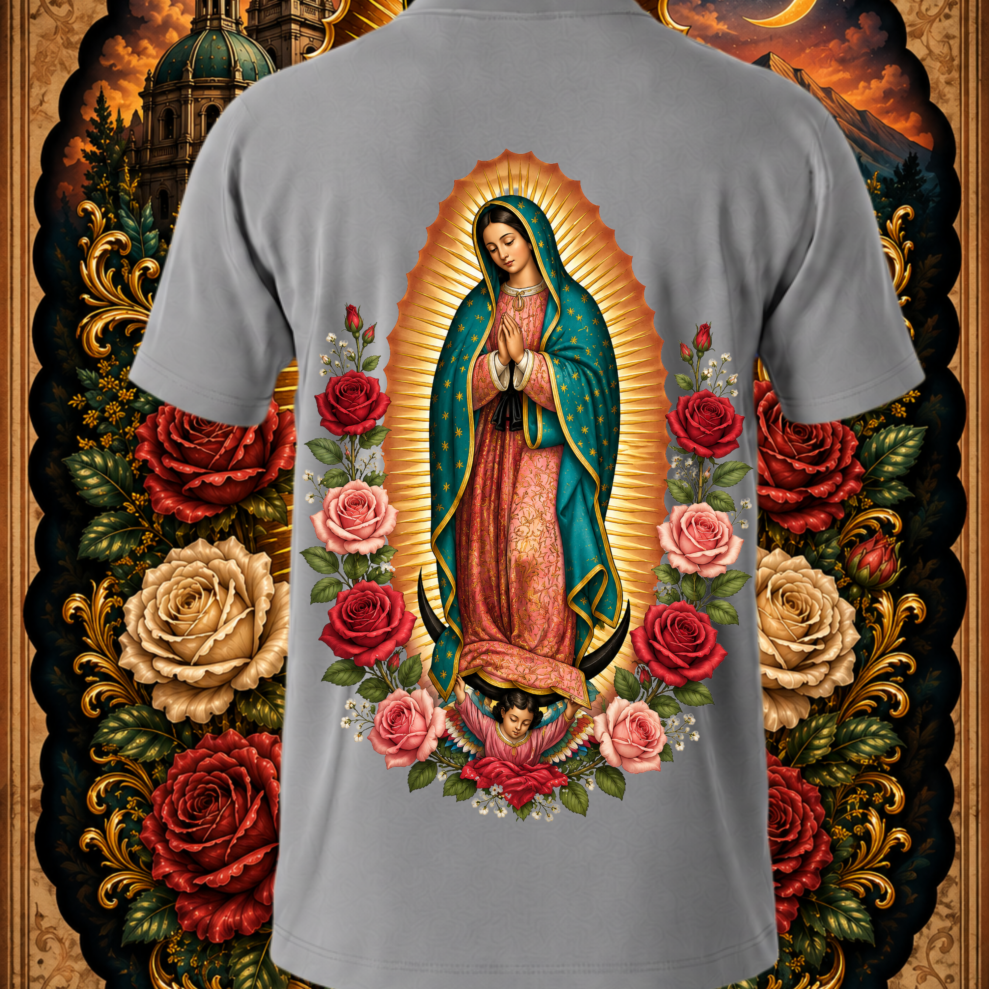 Gray Virgen de Guadalupe Sacred Rose art T-shirt by Faithful Designs, featuring religious Reina de México graphic on the back.