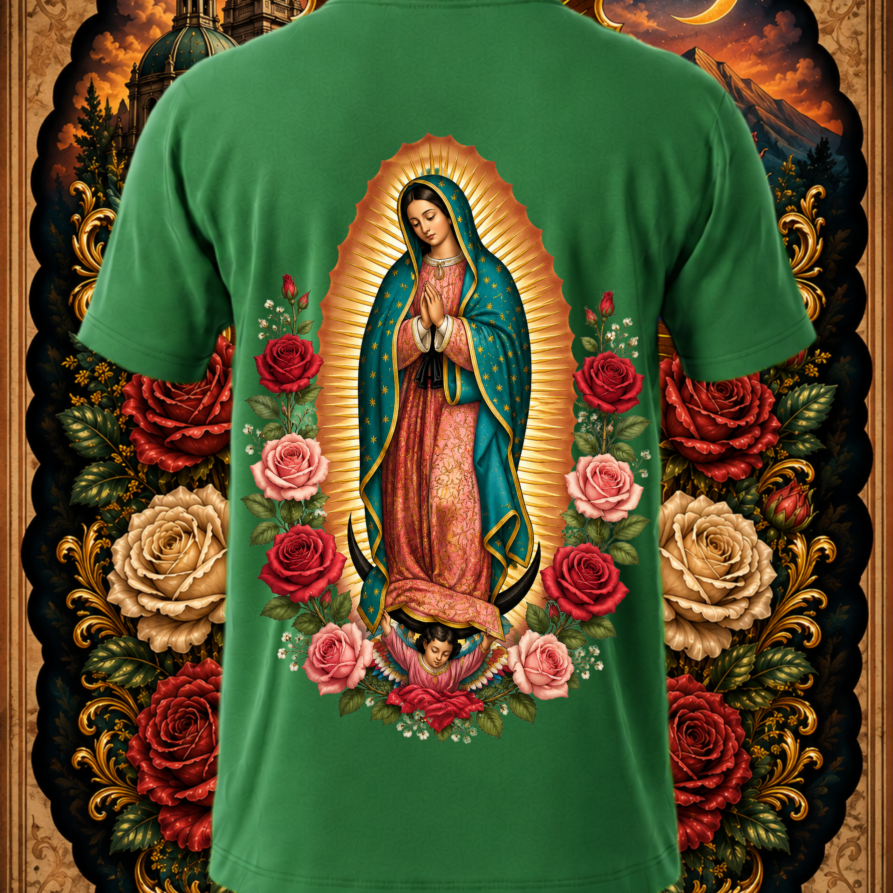 Back view of Faithful Designs Virgen de Guadalupe Sacred Rose art graphic tee showcasing religious streetwear style on green fabric.