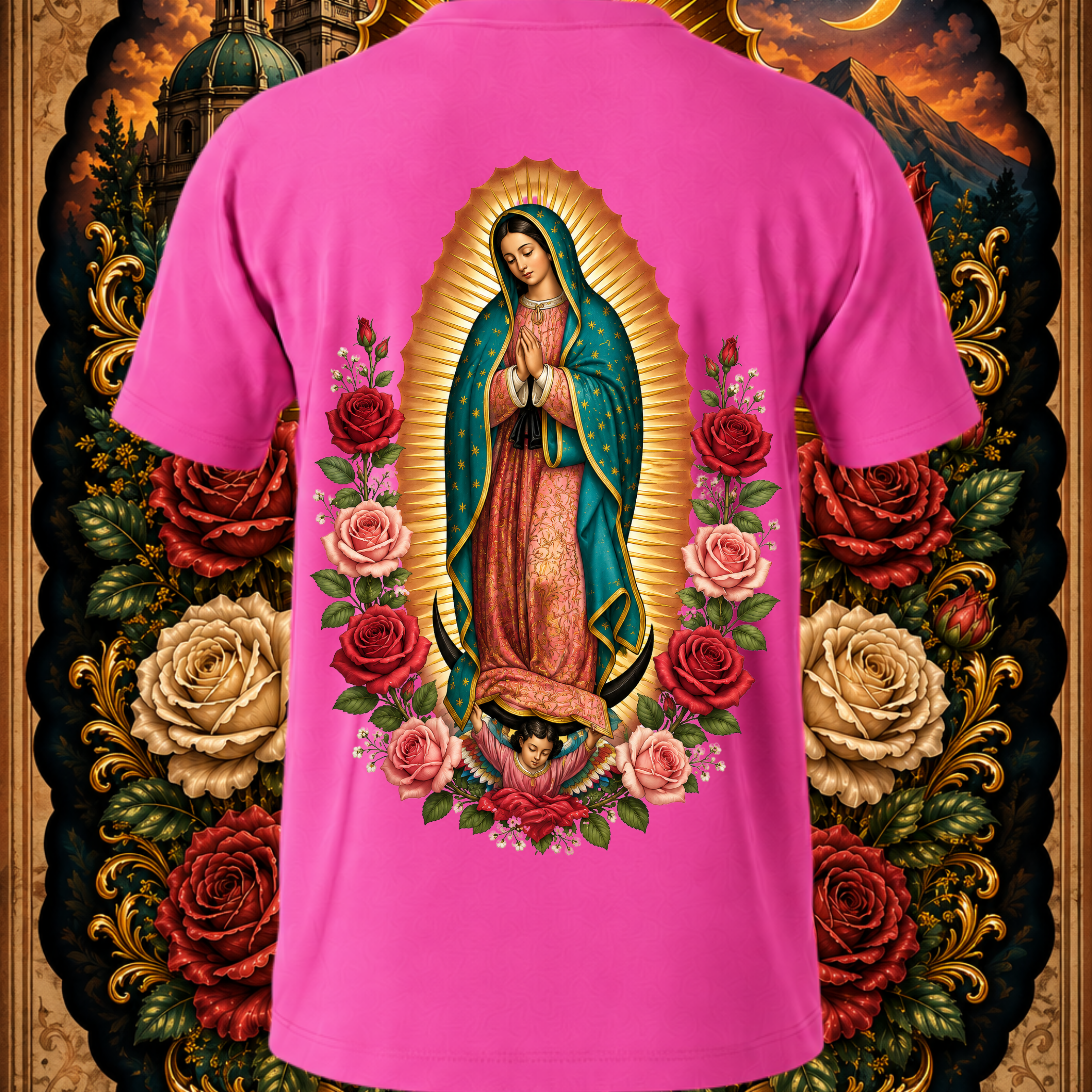 Pink Virgen de Guadalupe Sacred Rose art T-shirt by Faithful Designs, back view featuring religious streetwear graphic with Reina de México.