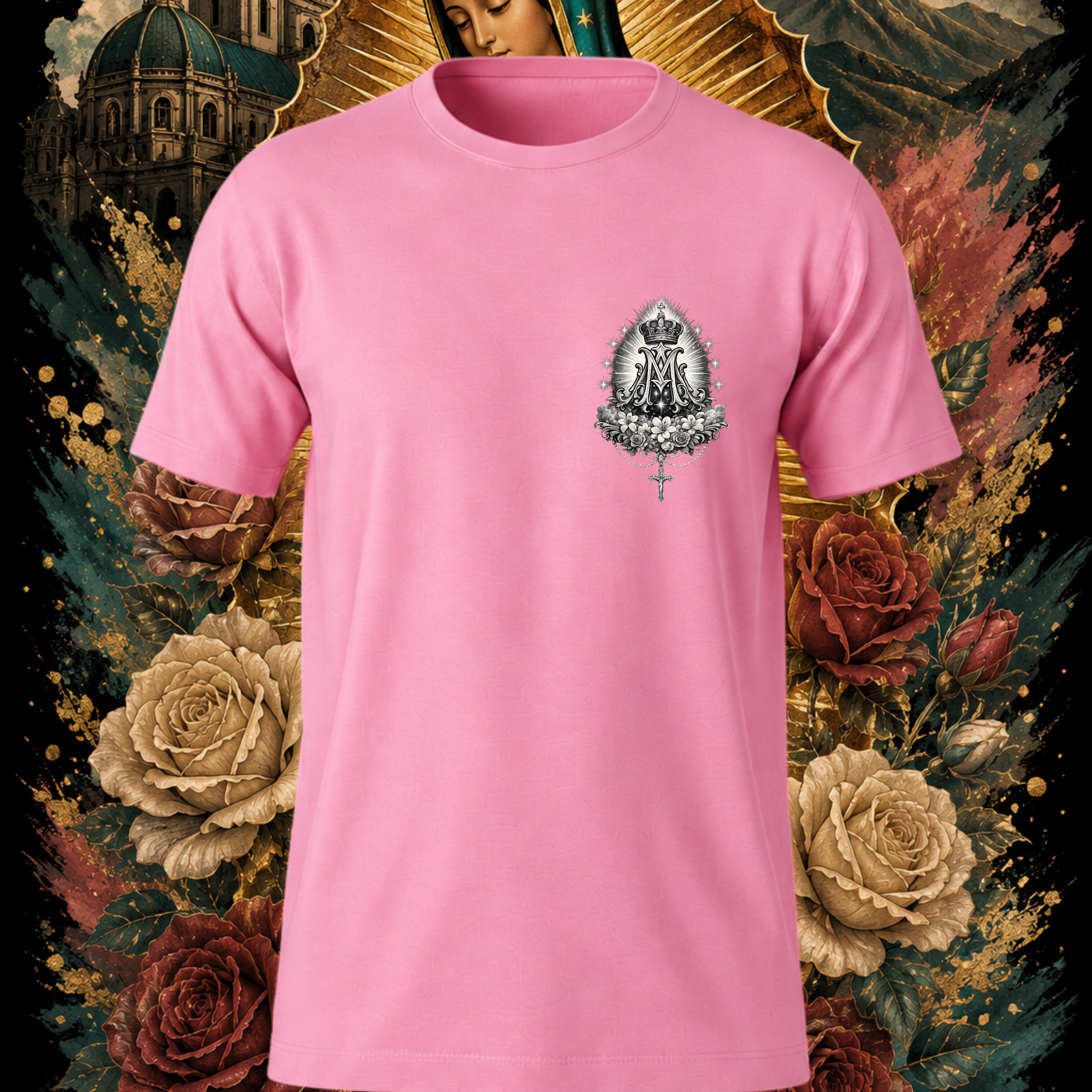 Pink Virgen de Guadalupe Sacred Rose graphic T-shirt by Faithful Designs featuring religious streetwear and Reina de México imagery.