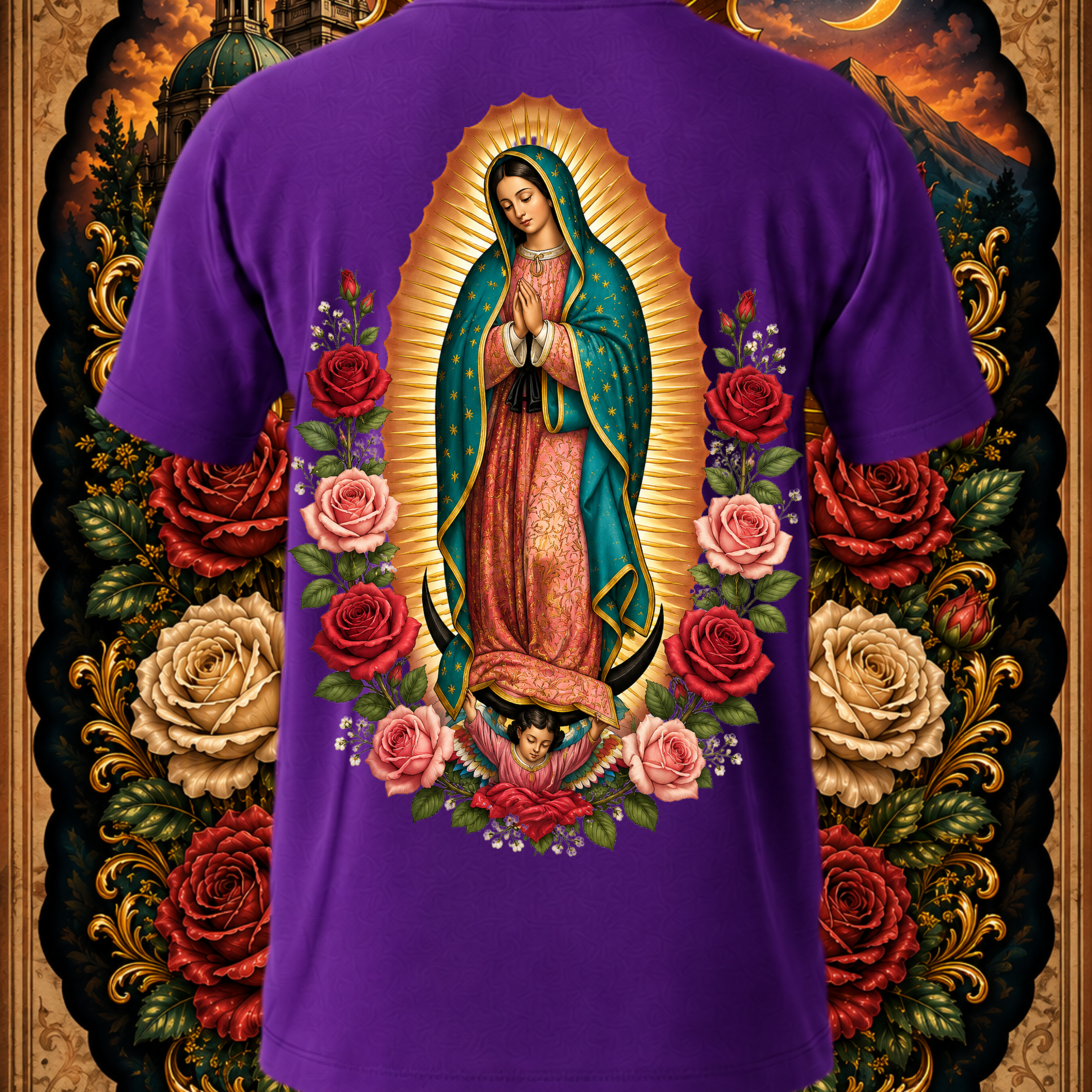Back view of Faithful Designs Virgen de Guadalupe Sacred Rose art T-shirt, purple streetwear shirt with religious Reina de México graphic.