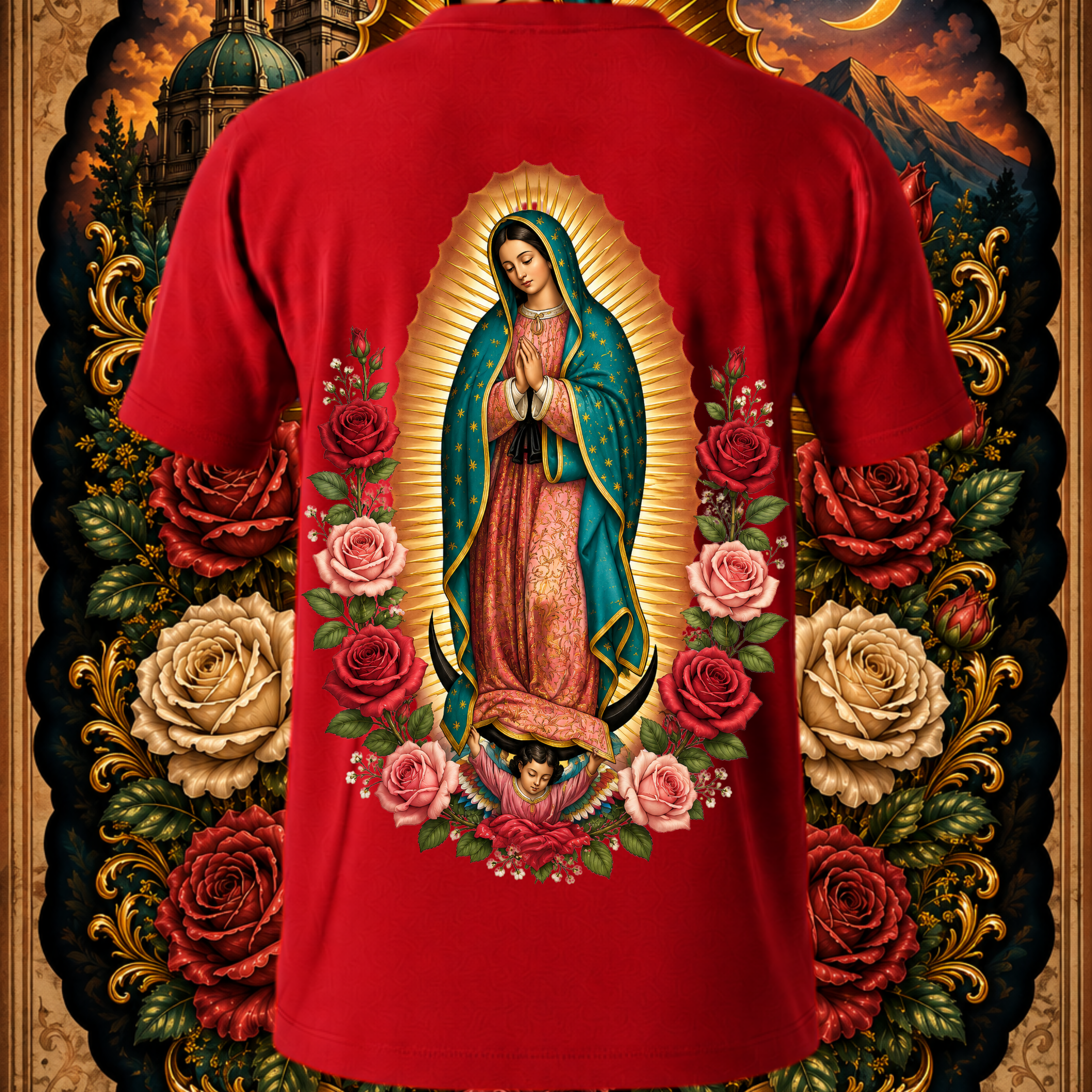 Back view of Faithful Designs Virgen de Guadalupe Sacred Rose art tee featuring religious Reina de México graphic on a red streetwear shirt.