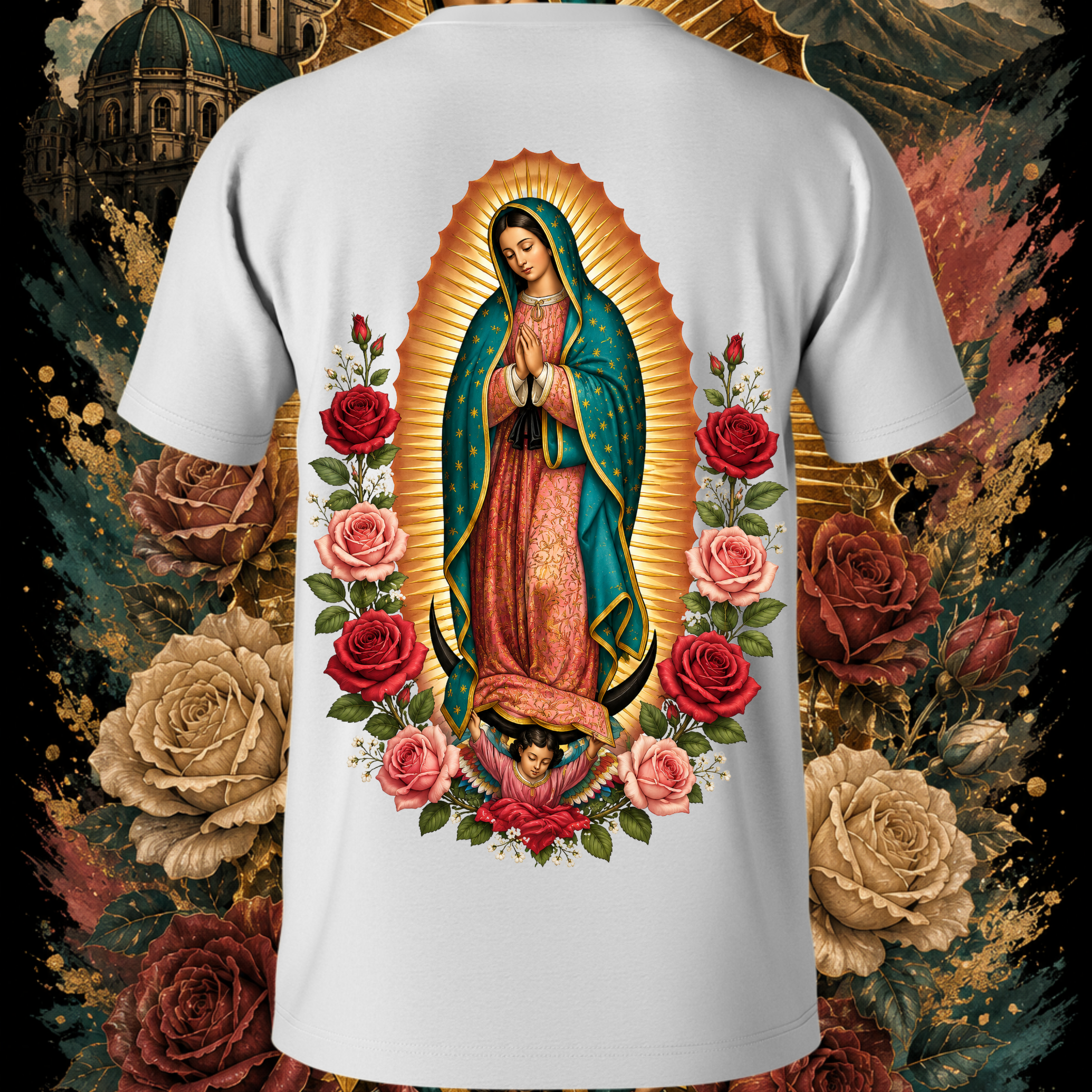 White Faithful Designs Virgen de Guadalupe Sacred Rose Art T-shirt with Reina de México graphic on the back, religious streetwear shirt.