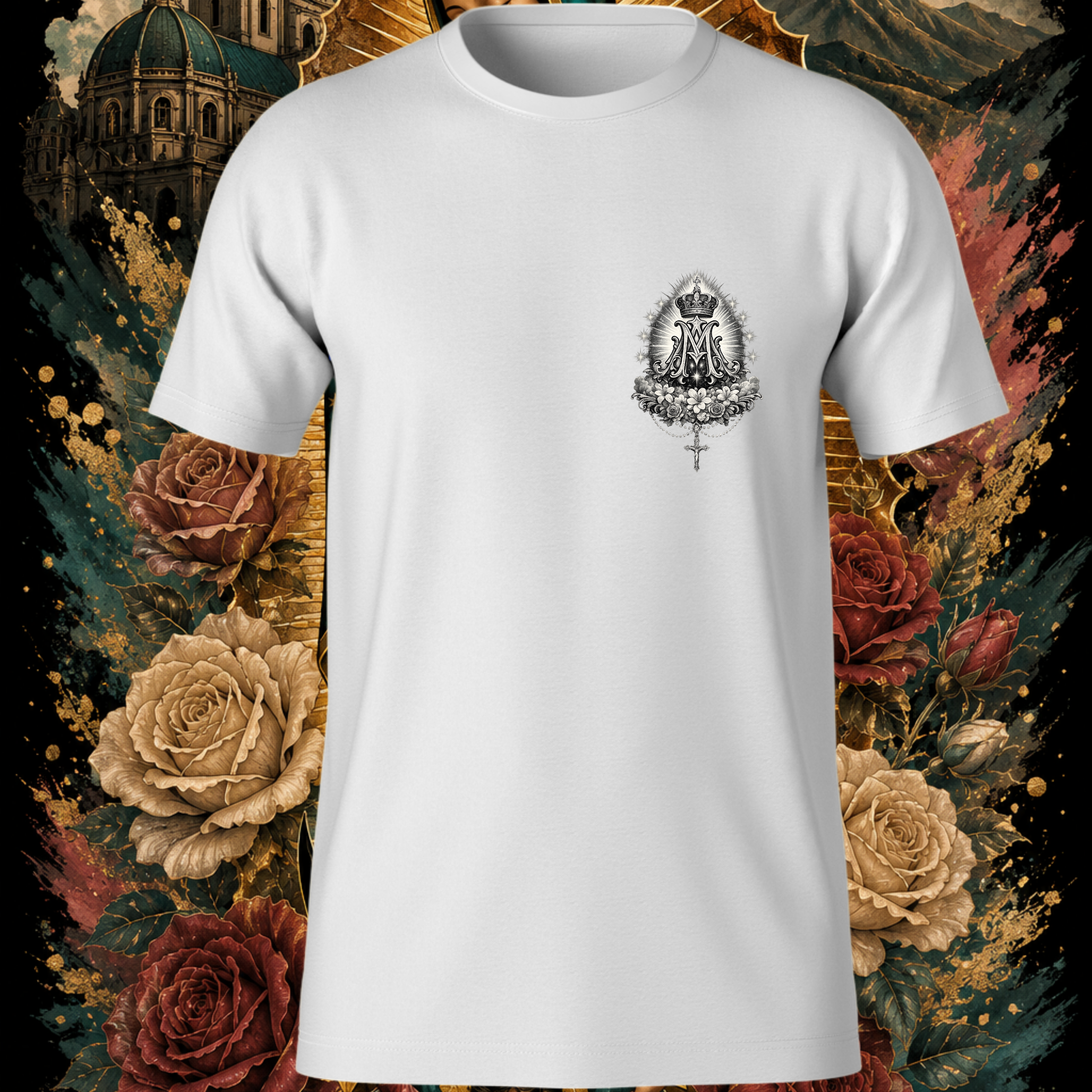 White Virgen de Guadalupe Sacred Rose art tee by Faithful Designs featuring Reina de México graphic on front, faith-inspired streetwear shirt.